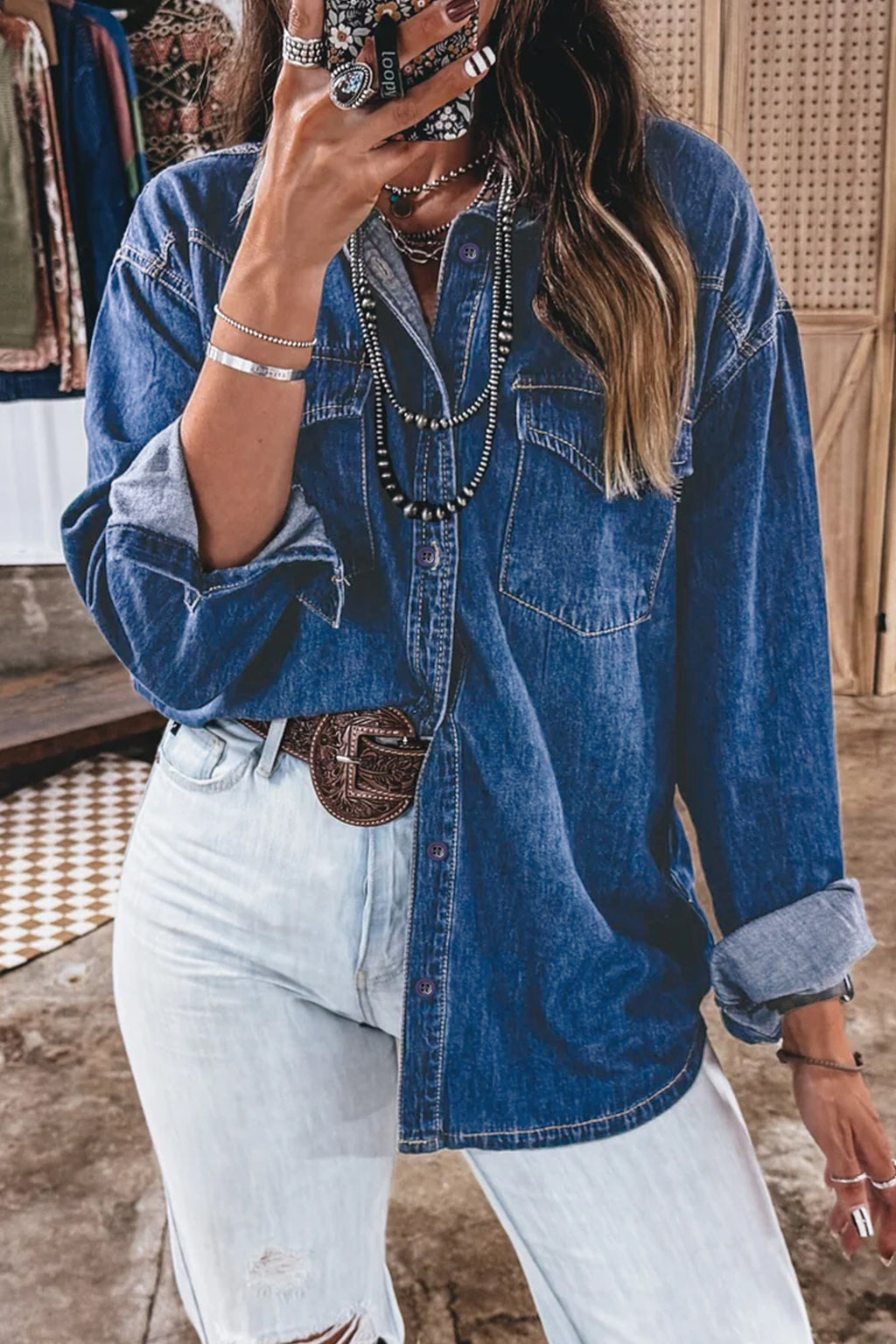 Sail Blue Western Patch Pockets Tunic Length Long Sleeve Denim Shirt