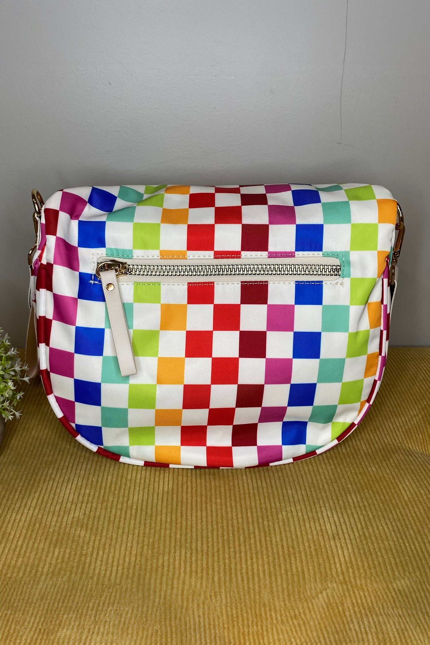 Color black Pretty Checkerboard Canvas Double Zip Crossbody Bag