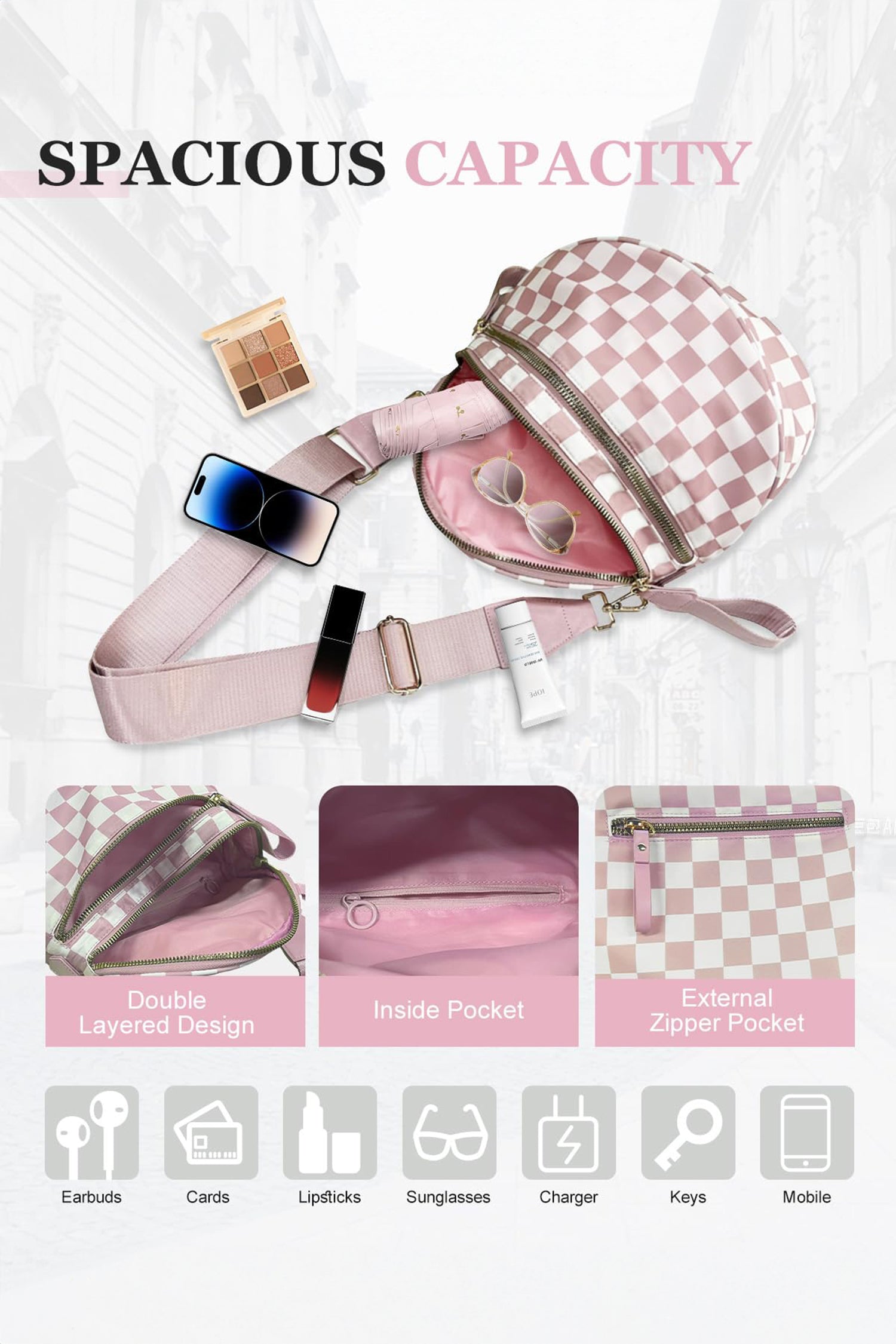 Dark Grey Checkered Print Wide Strap Large Crossbody Bag