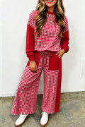 Red Color Block Plaid Patchwork Long Sleeve Pullover Wide Leg Pant Set