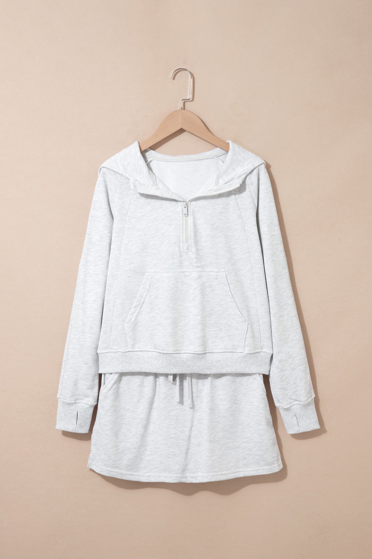 Light Grey Long Sleeve Zip-Up Top Elastic Waist Skort Set