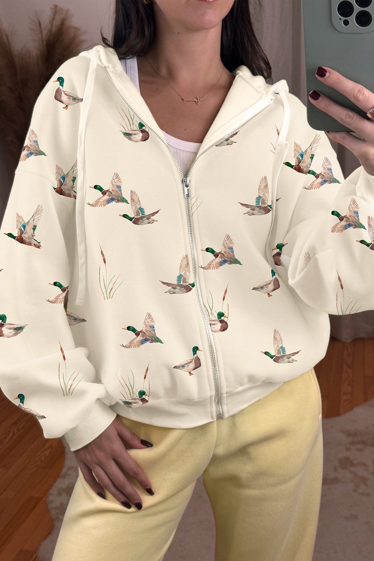 Beige Cozy Duck Print Zip-Up Hoodie