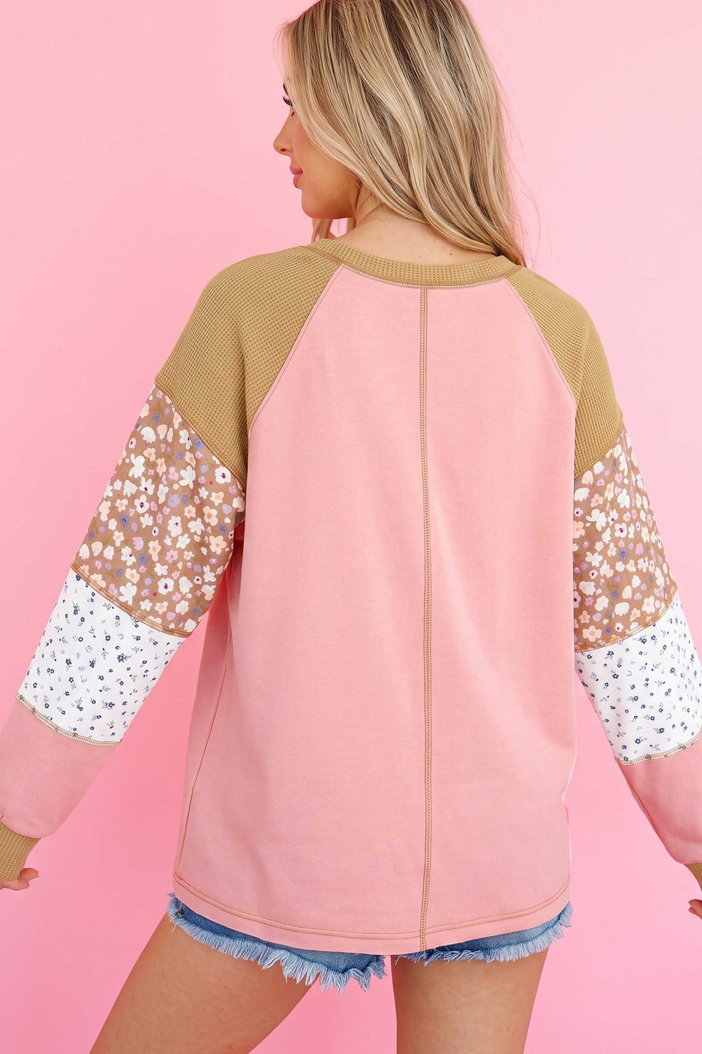 Apricot Pink Color Block Floral Waffle Mixed Patchwork Long Sleeve Top