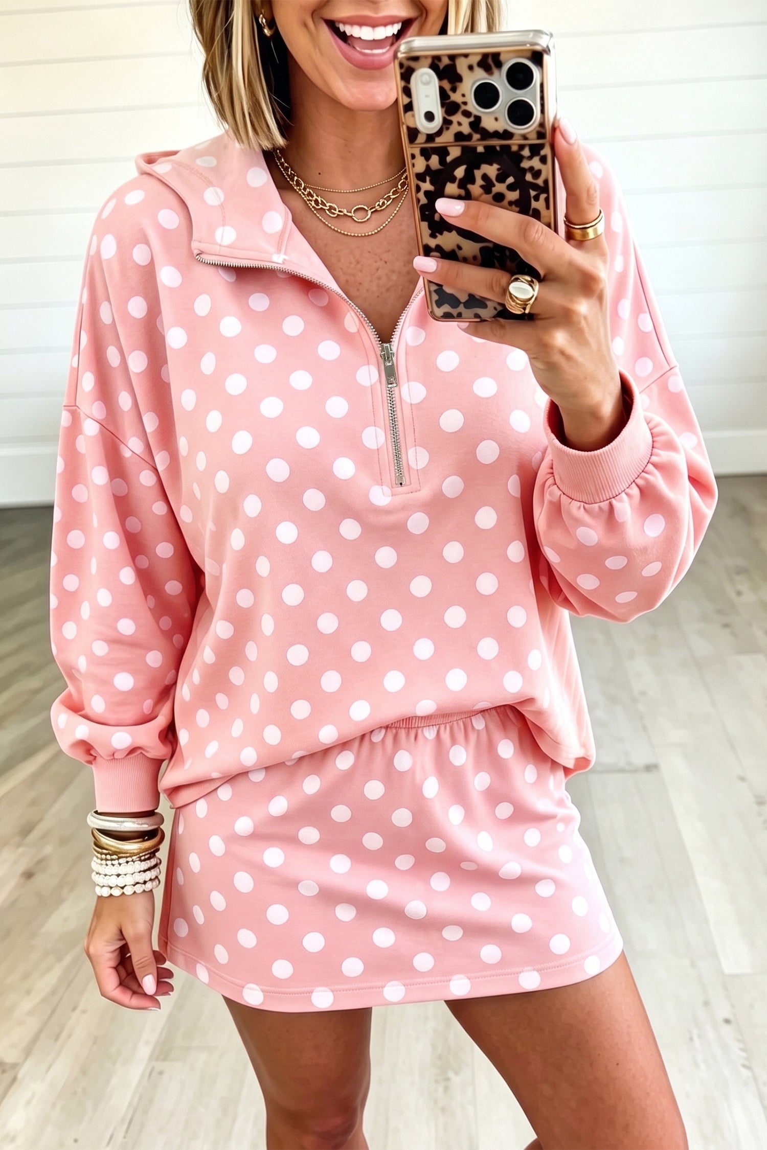 Khaki Polka Dot Hooded Long Sleeve Top Casual Mini Skort Set