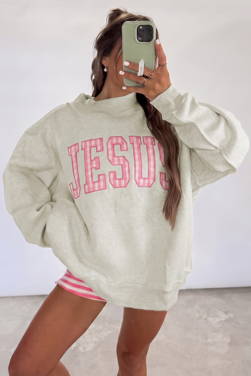 Gray High Neck Polka Dot Slogan Printed Baggy Sweatshirt