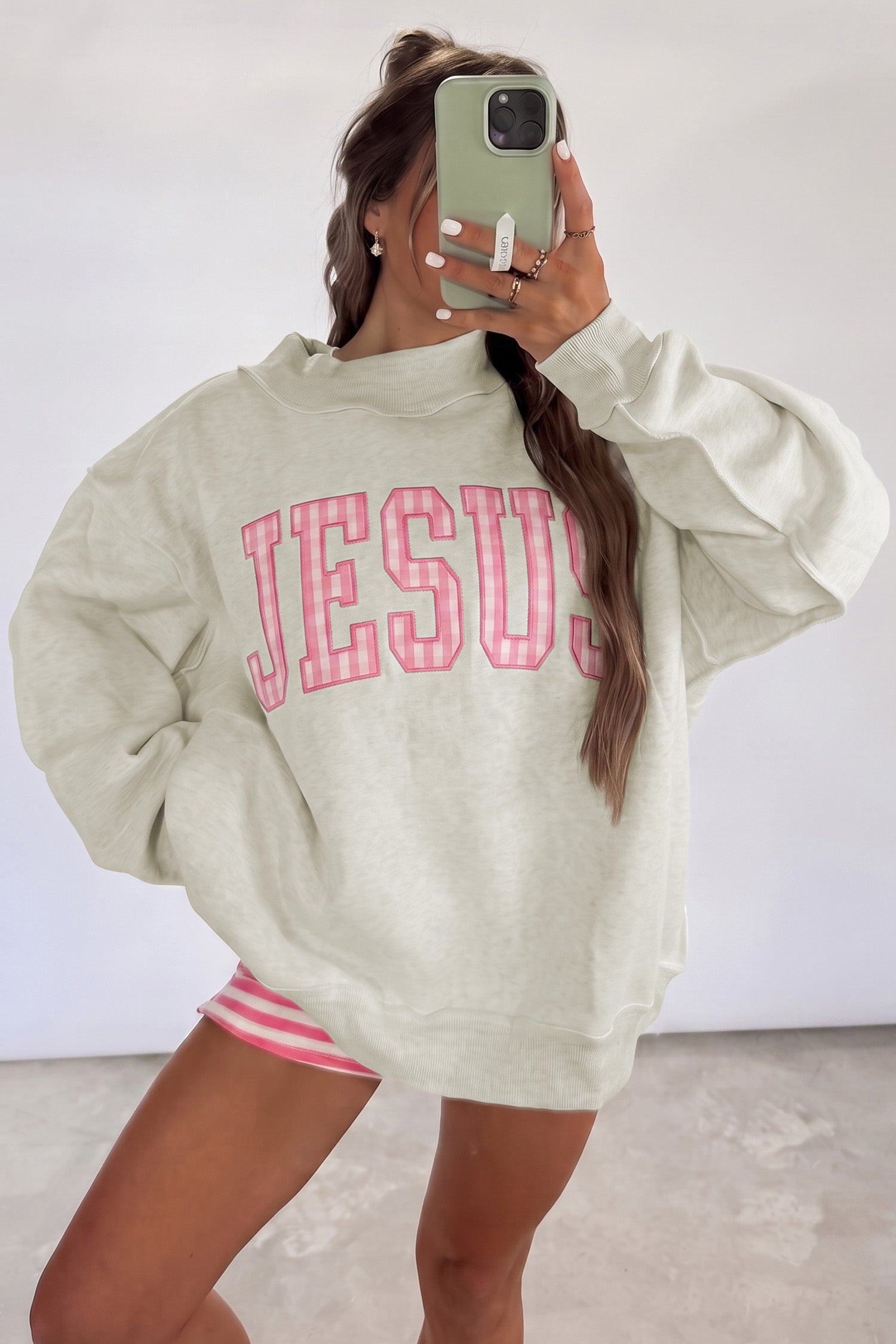 Gray High Neck Polka Dot Slogan Printed Baggy Sweatshirt