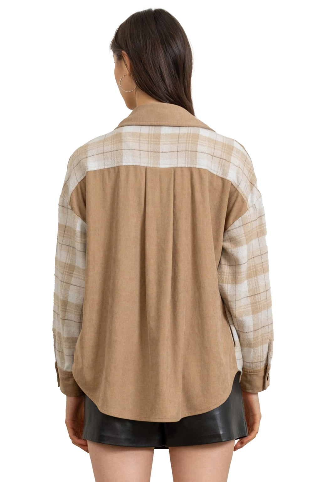 Light French Beige Plaid Colorblock Shirt Collar Shift Shacket