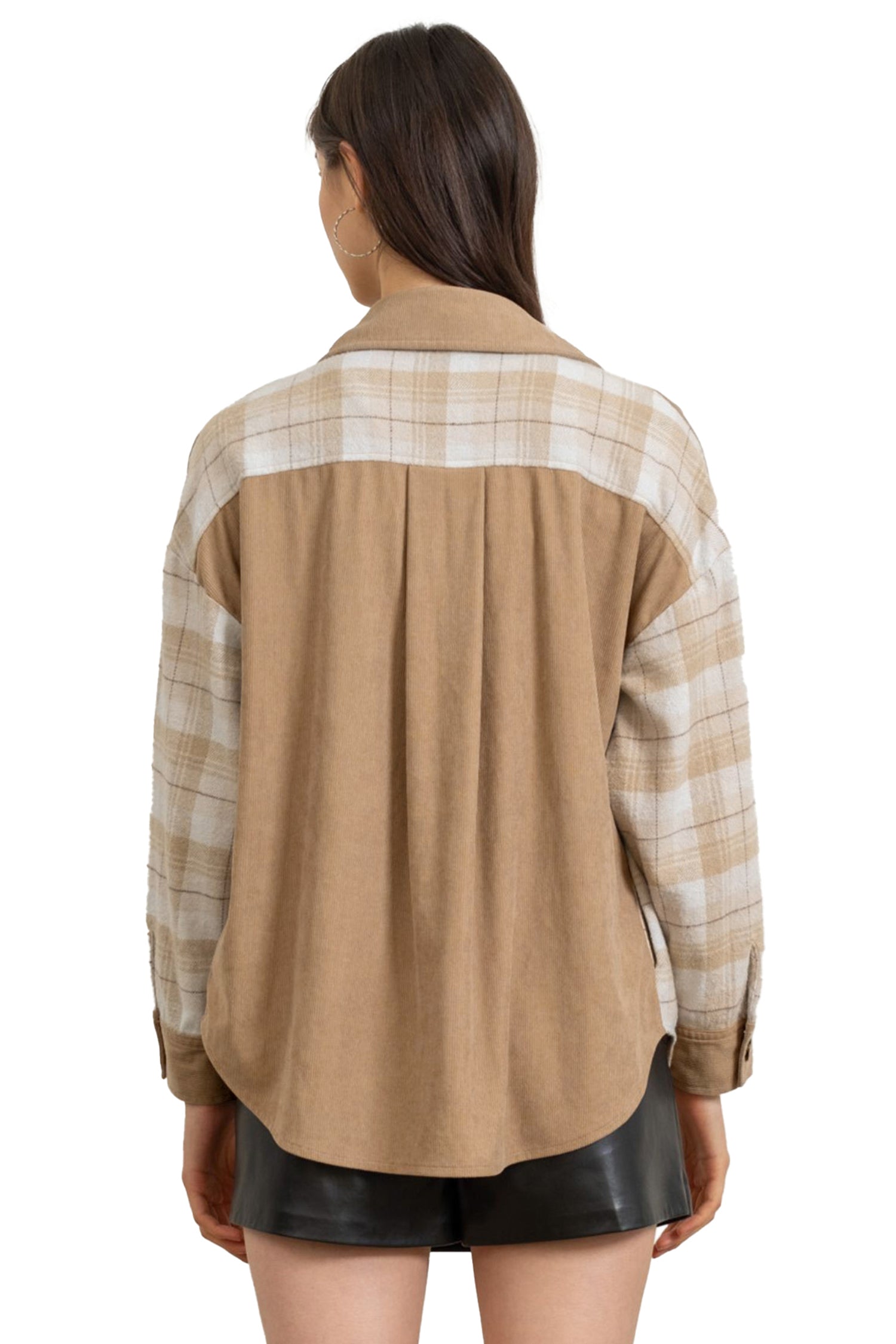 Light French Beige Plaid Colorblock Shirt Collar Shift Shacket