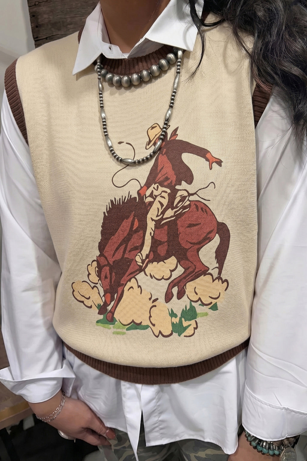Khaki Western Print Colorblock Sleeveless Knit Vest Regular Length