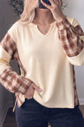 Beige Waffle Textured V Neck Plaid Colorblock Drop Shoulder Long Sleeve Top