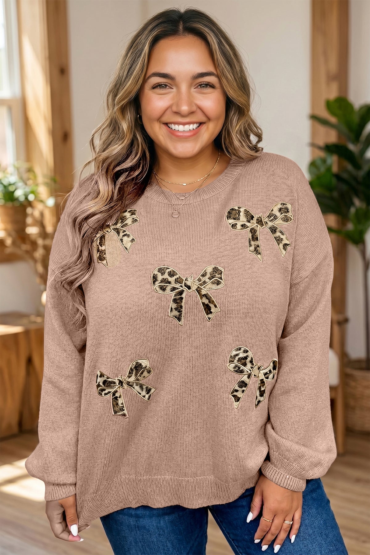 Dark Khaki Leopard Bow Embroidery Drop Shoulder Tunic Plus Size Sweater