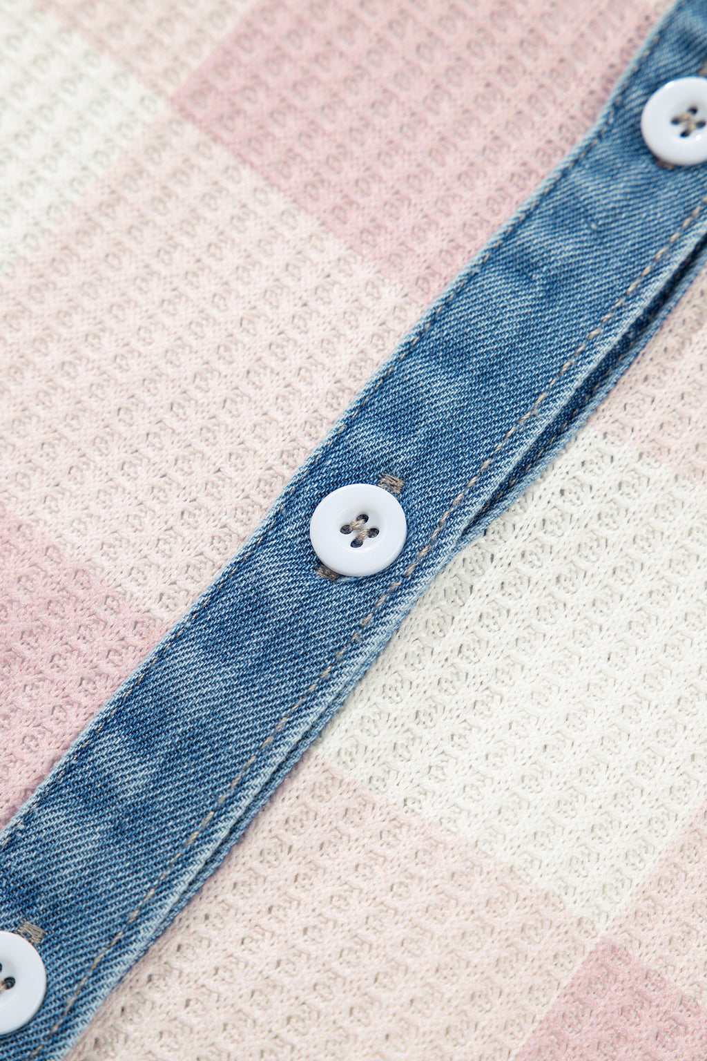 Pink Waffle Plaid Print Contrast Denim Shirt Collar Buttoned T Shirt Mini Dress