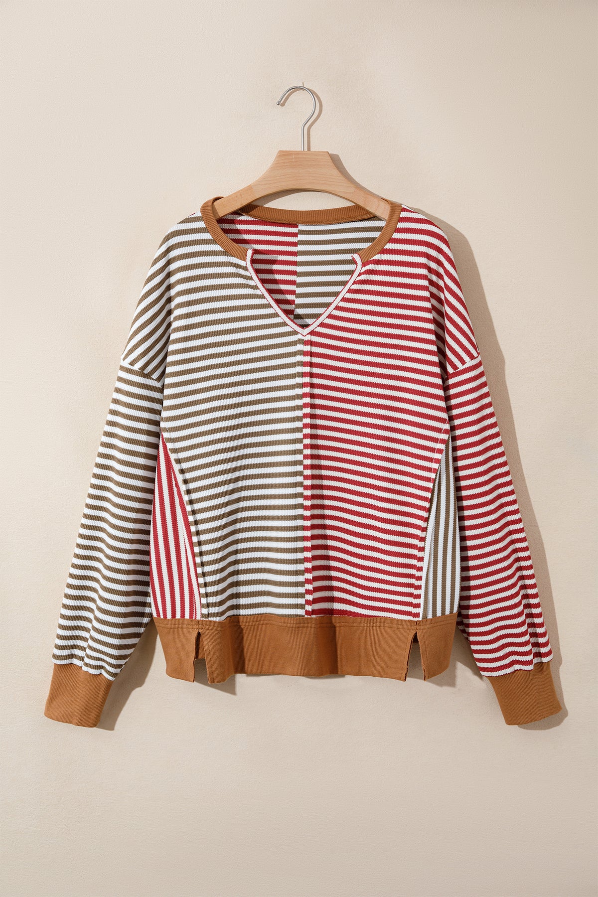 Red Striped Colorblock V Neck Long Sleeve Top