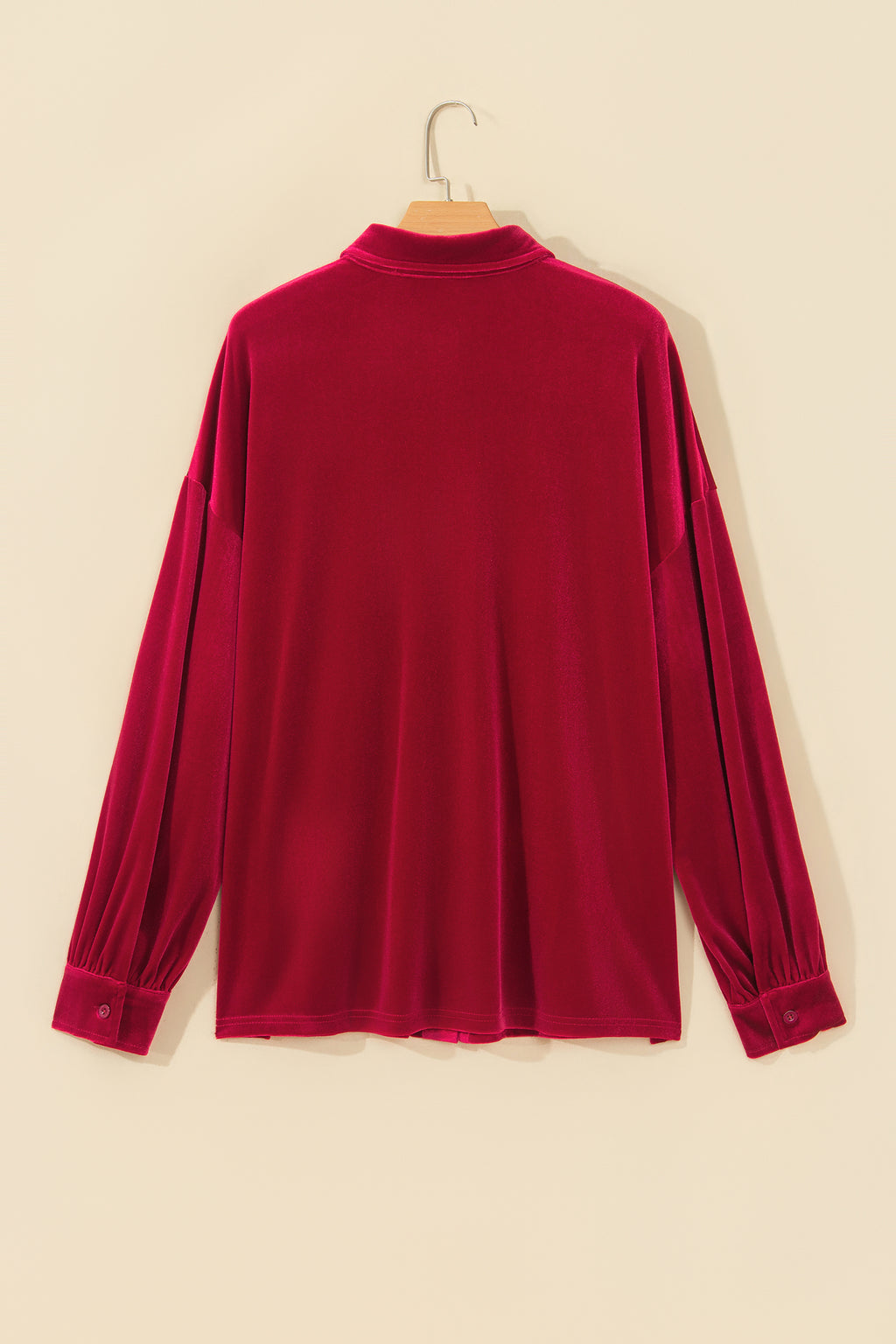 Fiery Red Soft Velvet Patch Pocket Button Down Loose Shirt