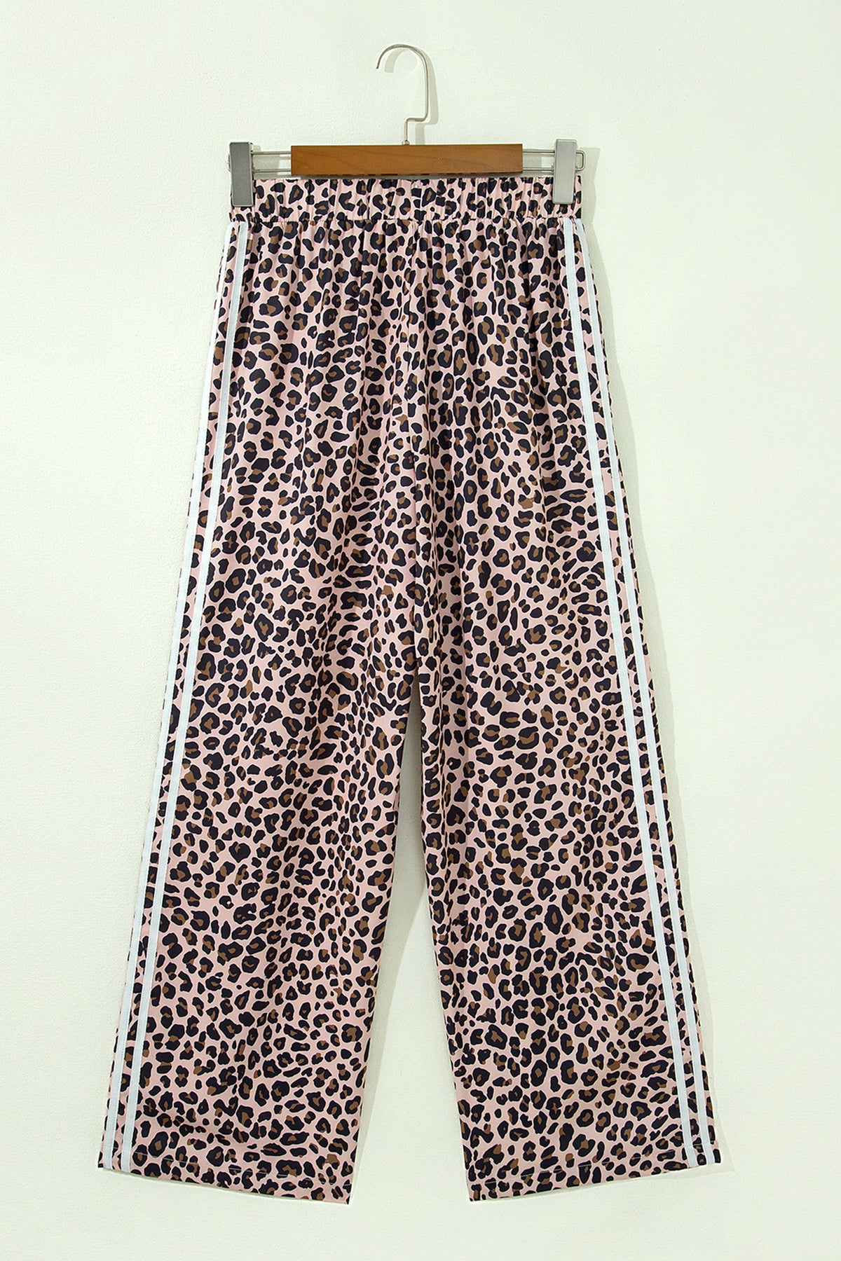 Beige Leopard Print Side Striped Detail Casual Wide Leg Pants