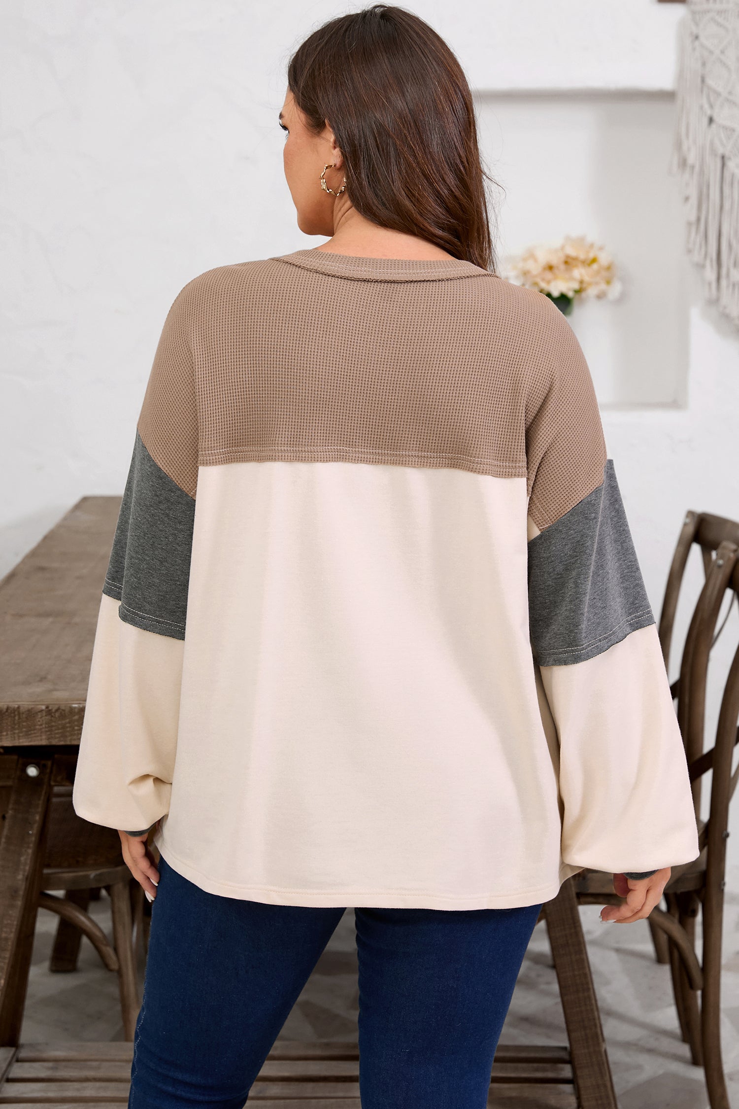 Jet Stream Waffle Patchwork Colorblock Half Buttons Casual Plus Size Knit Jumper