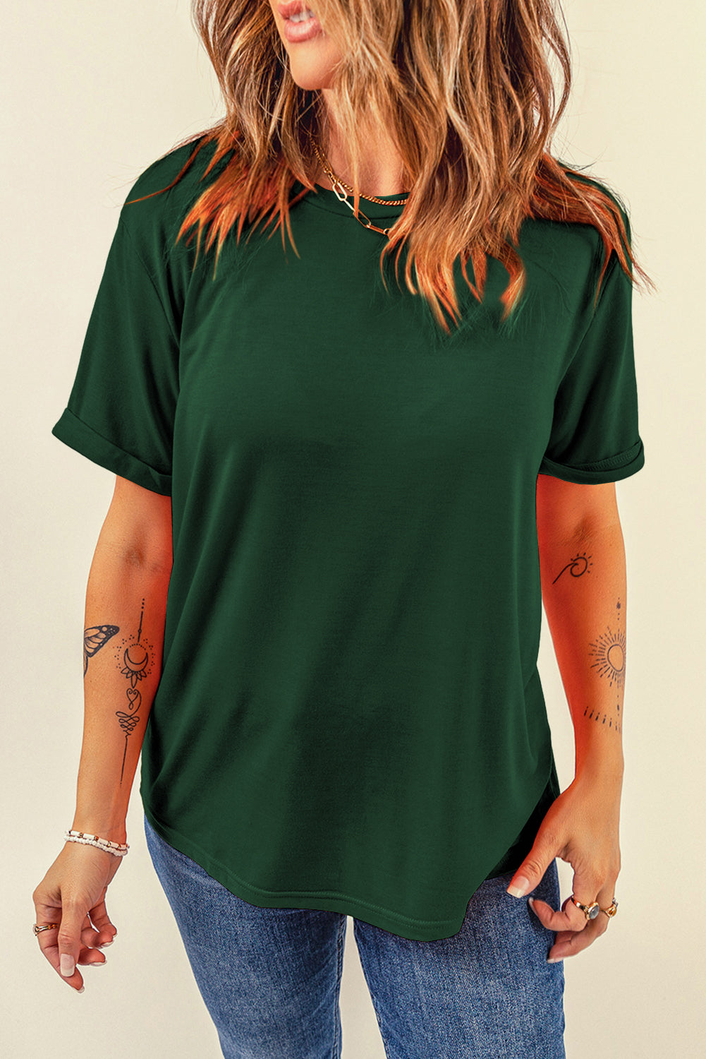 Tillandsia Purple Casual Plain Crew Neck Tee