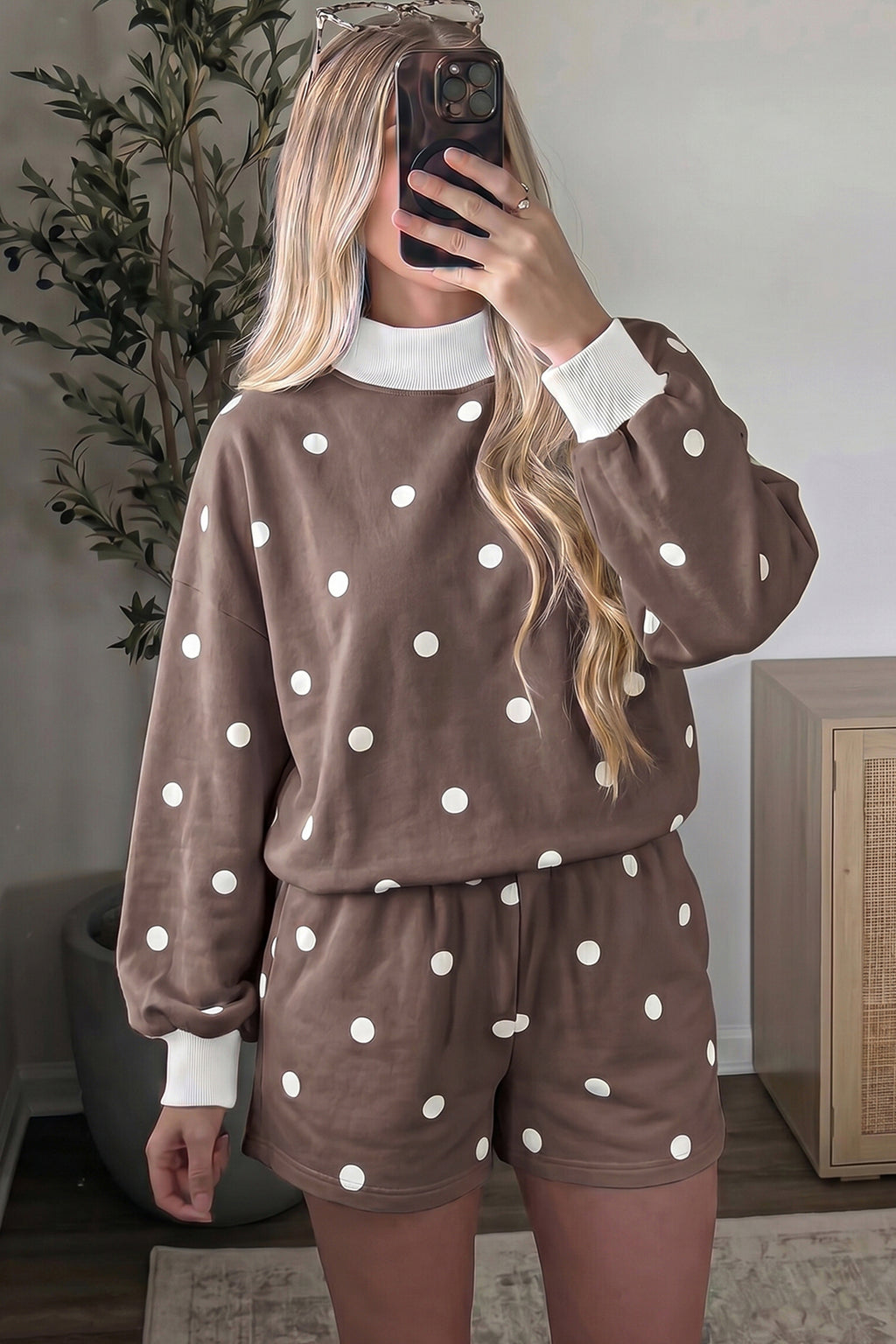 Brown Polka Dot Ribbed Trim Long Sleeve Top Casual Short Set