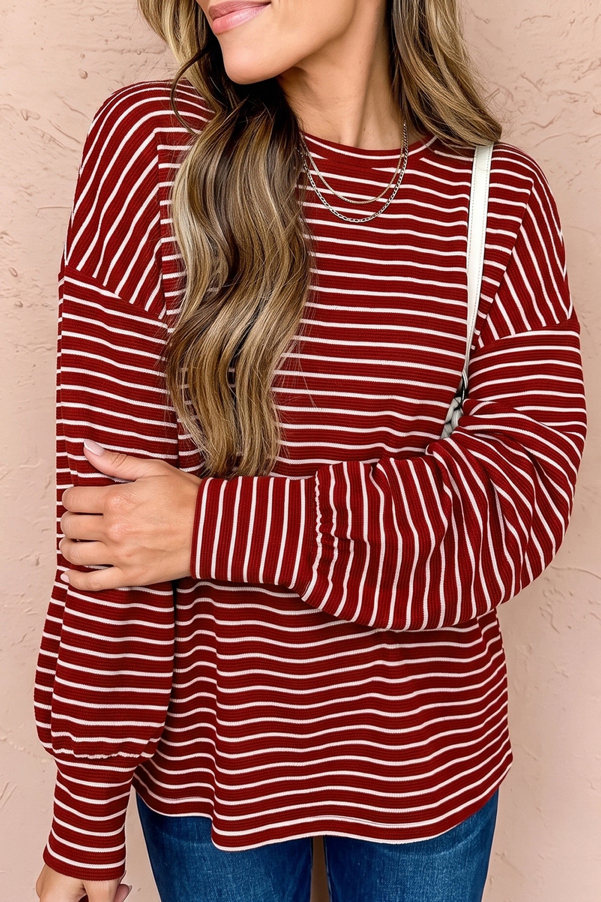 Red Stripe Drop Shoulder Long Sleeve Top