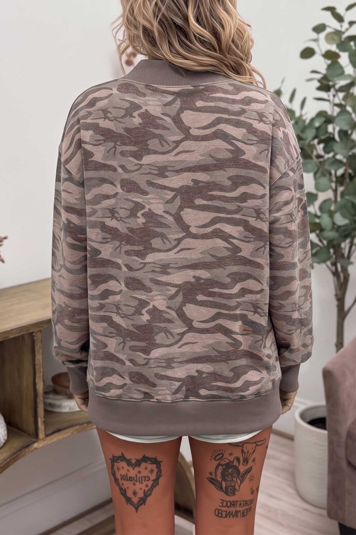 Multicolour Camouflage Print Mock Neck Casual Pullover Sweatshirt