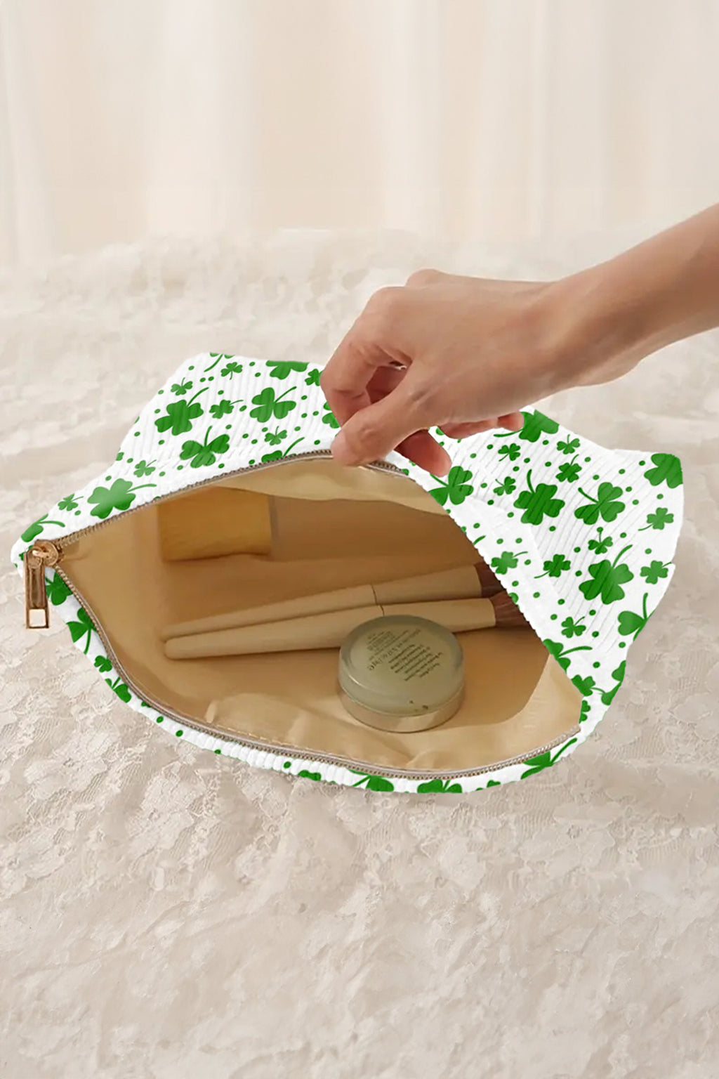 White St Patricks Lucky Clover Printed Soft Ribbed Makeup Bag