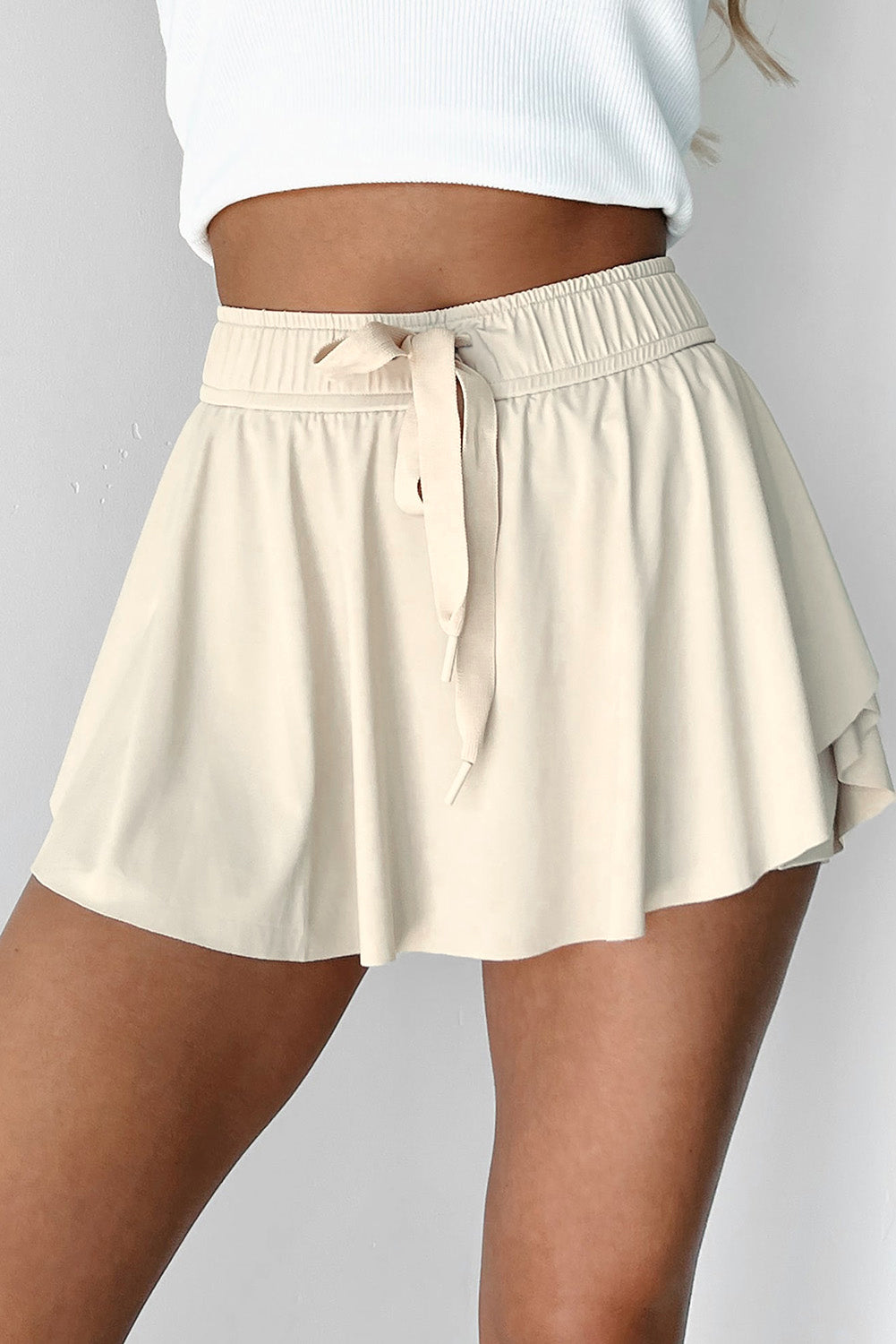 Beige Drawstring Elastic Waistband Lined Tennis Skorts