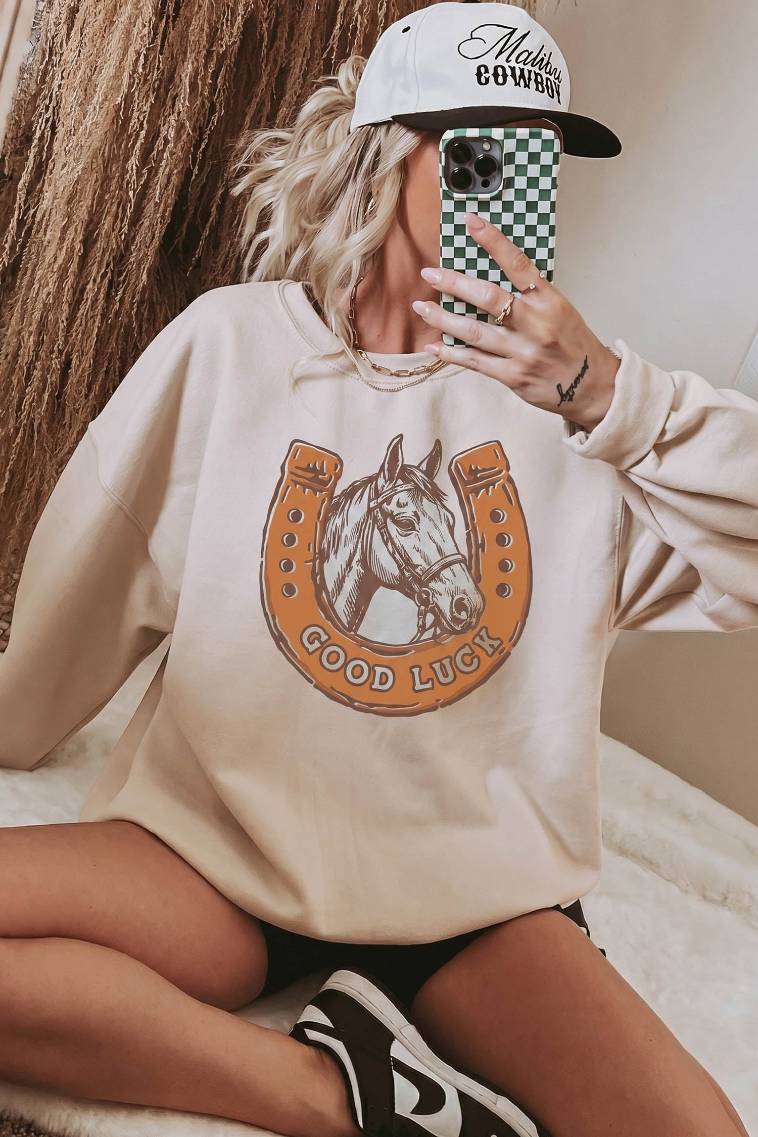 Beige GOOD LUCK Western Horse Print Oversized Pullover Sweatshirt