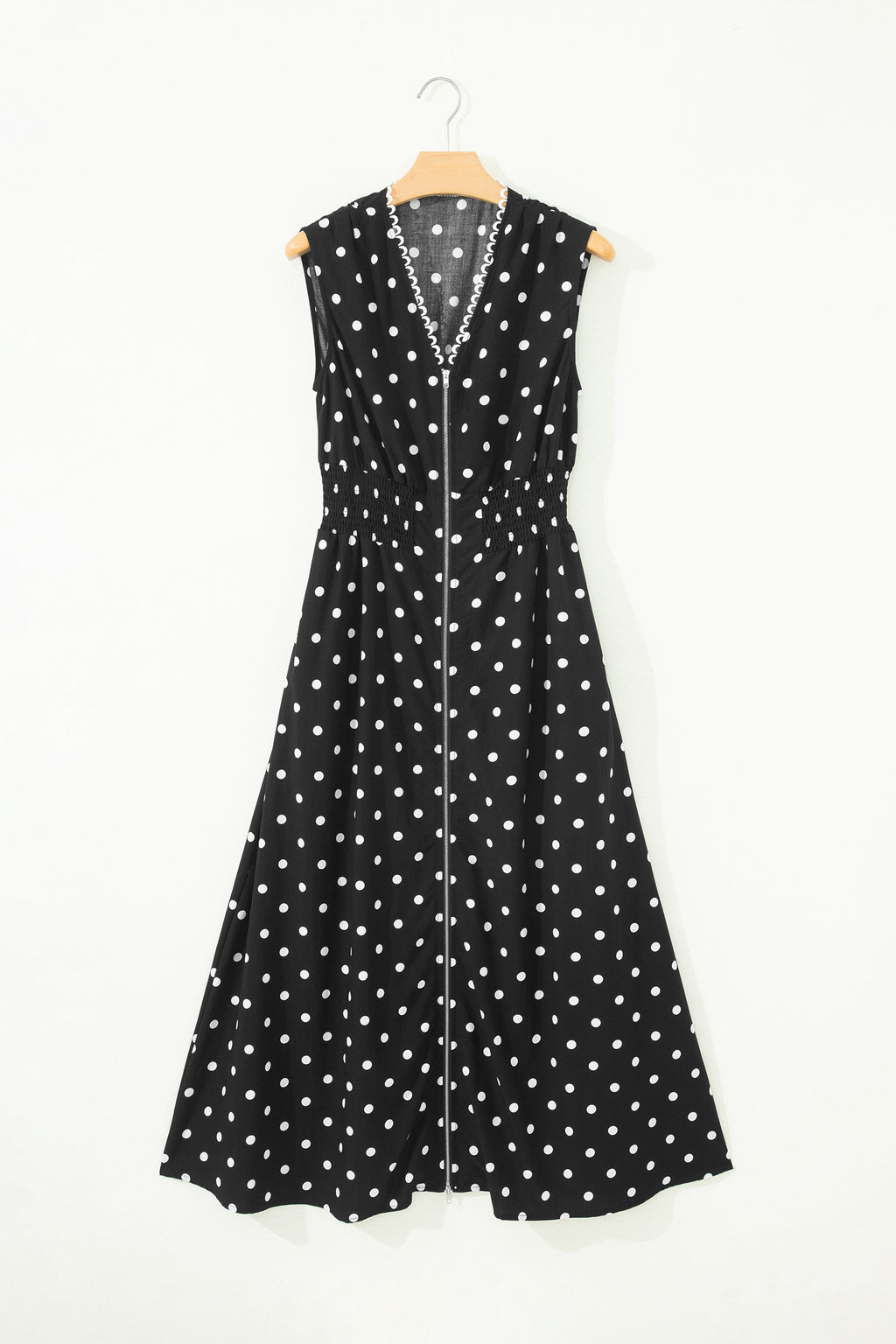 Black Polka Dot Print Contrast Trim V Neck Zip Up Sleeveless Dress