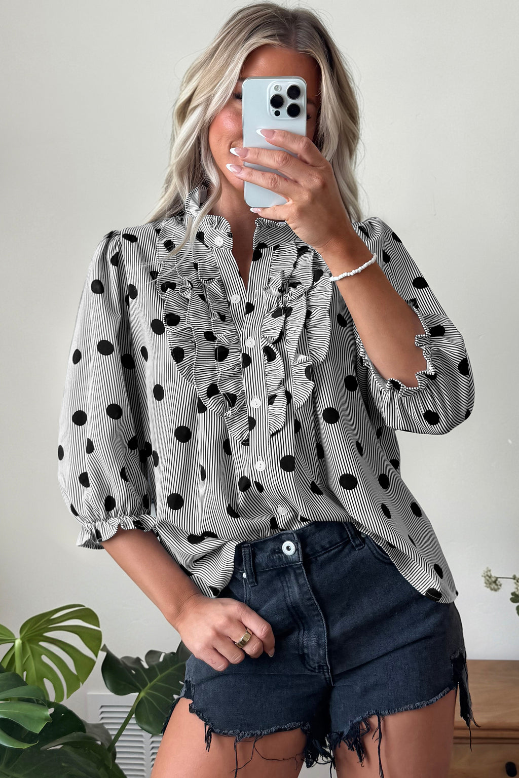 Black white Polka Dot Striped Print Ruffle Stand Neck 3/4 Sleeve Shift Shirt