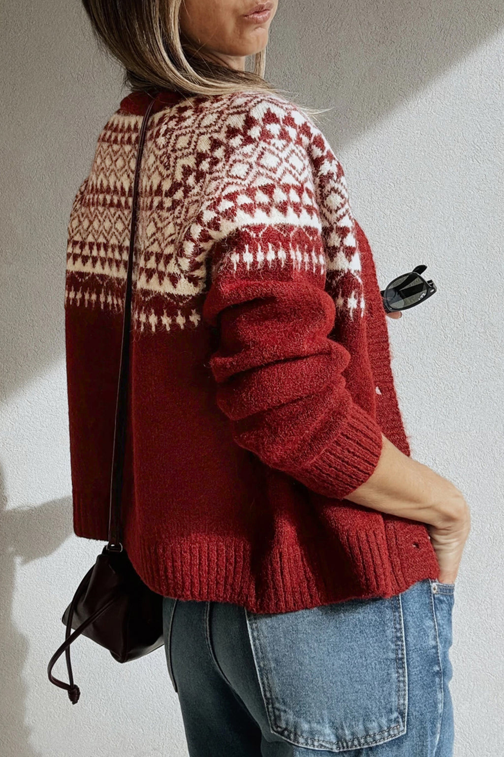 Red Geometric Print Button Front Long Sleeve Knitwear Cardigan