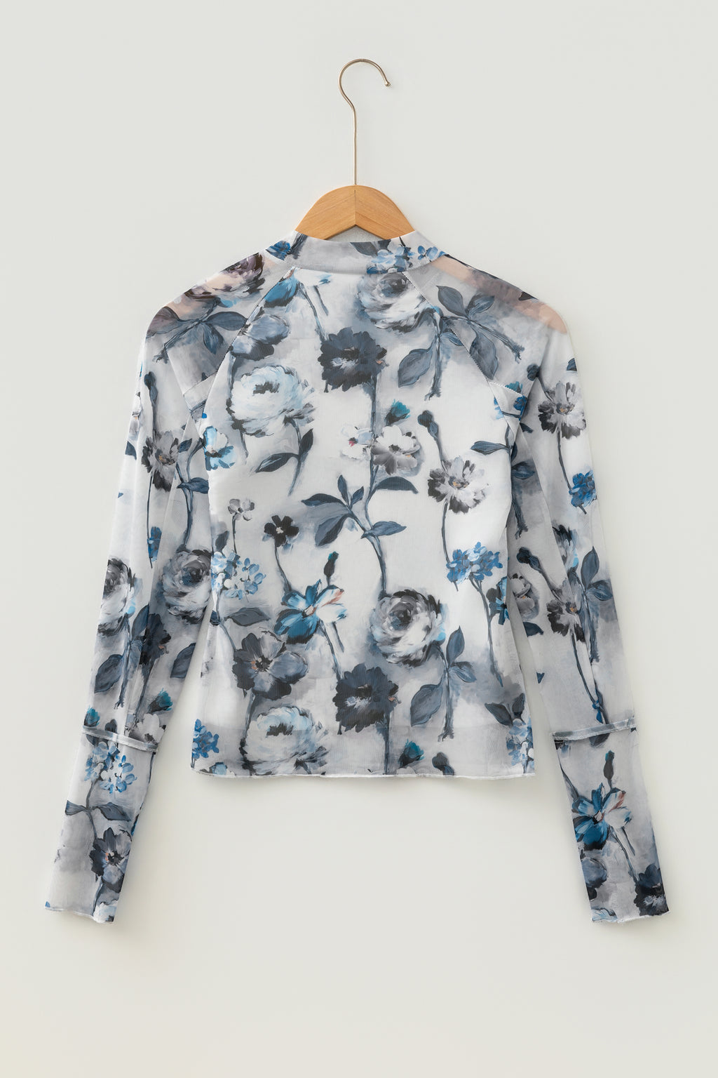 Sky Blue Floral Mesh High Neck Long Sleeve Sheath Top