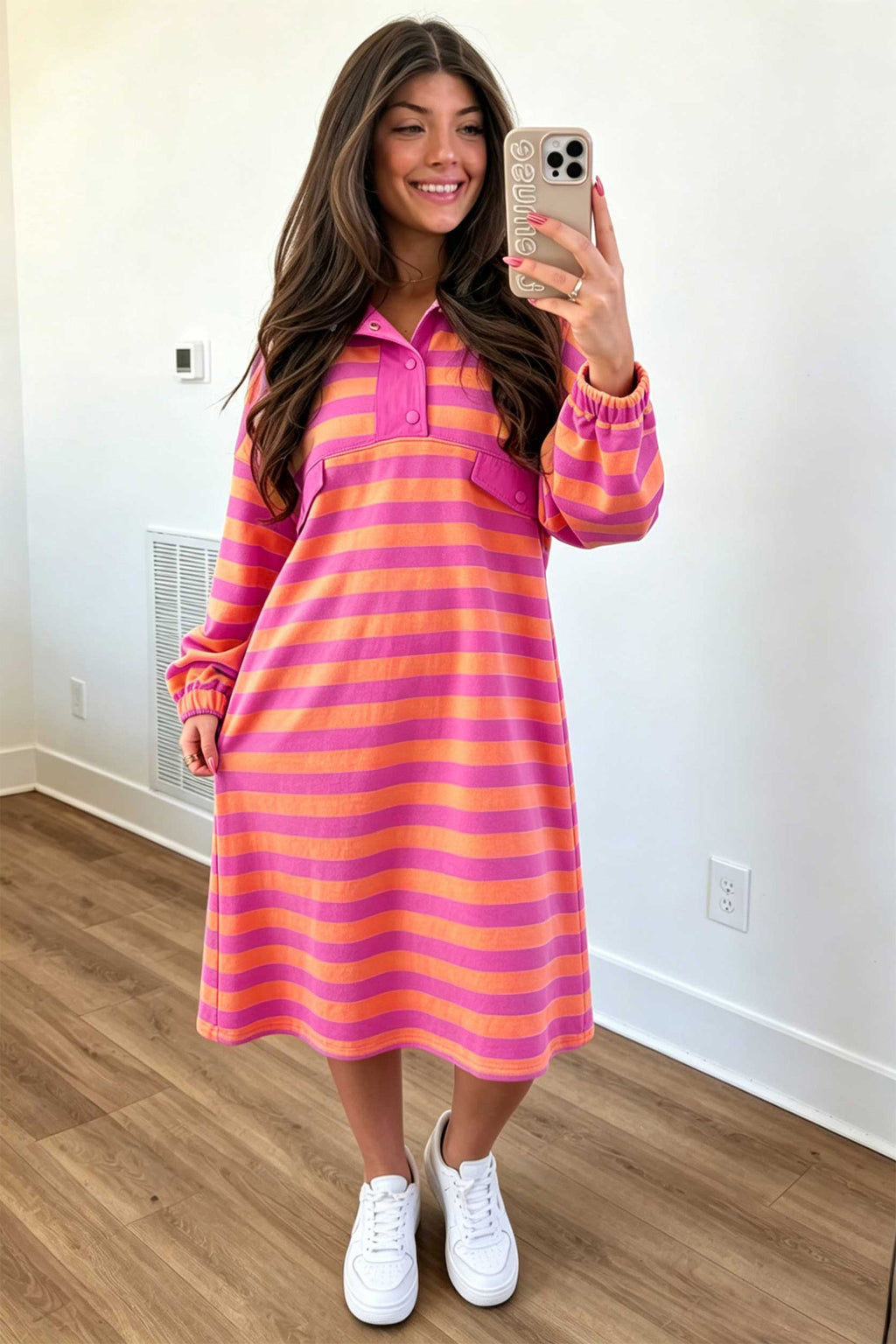 Rose Stripe Long Sleeve Polo Neck Midi Dress