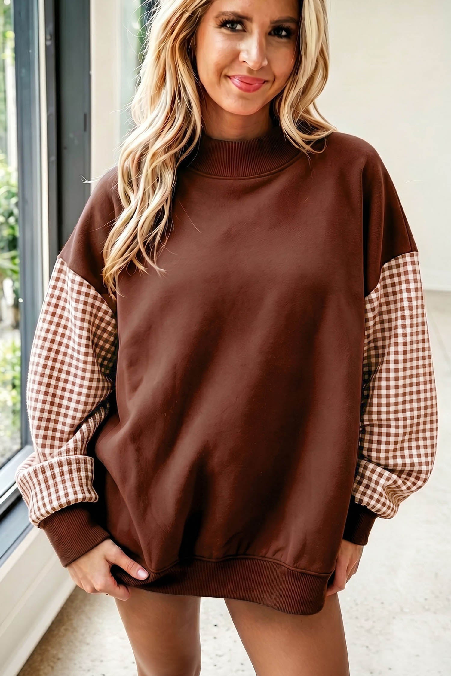 Russet Orange Plaid Sleeve Colorblock Loose Tunic Sweatshirt