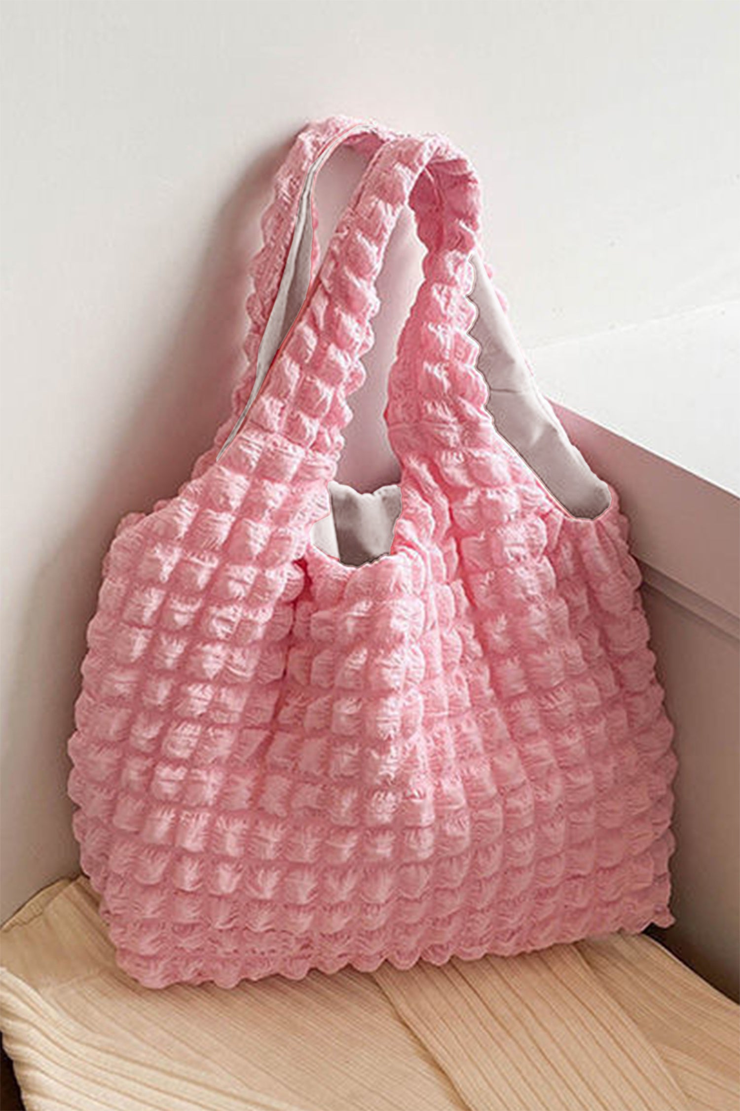 Pink Solid Color Puffy Textured Tote Bag