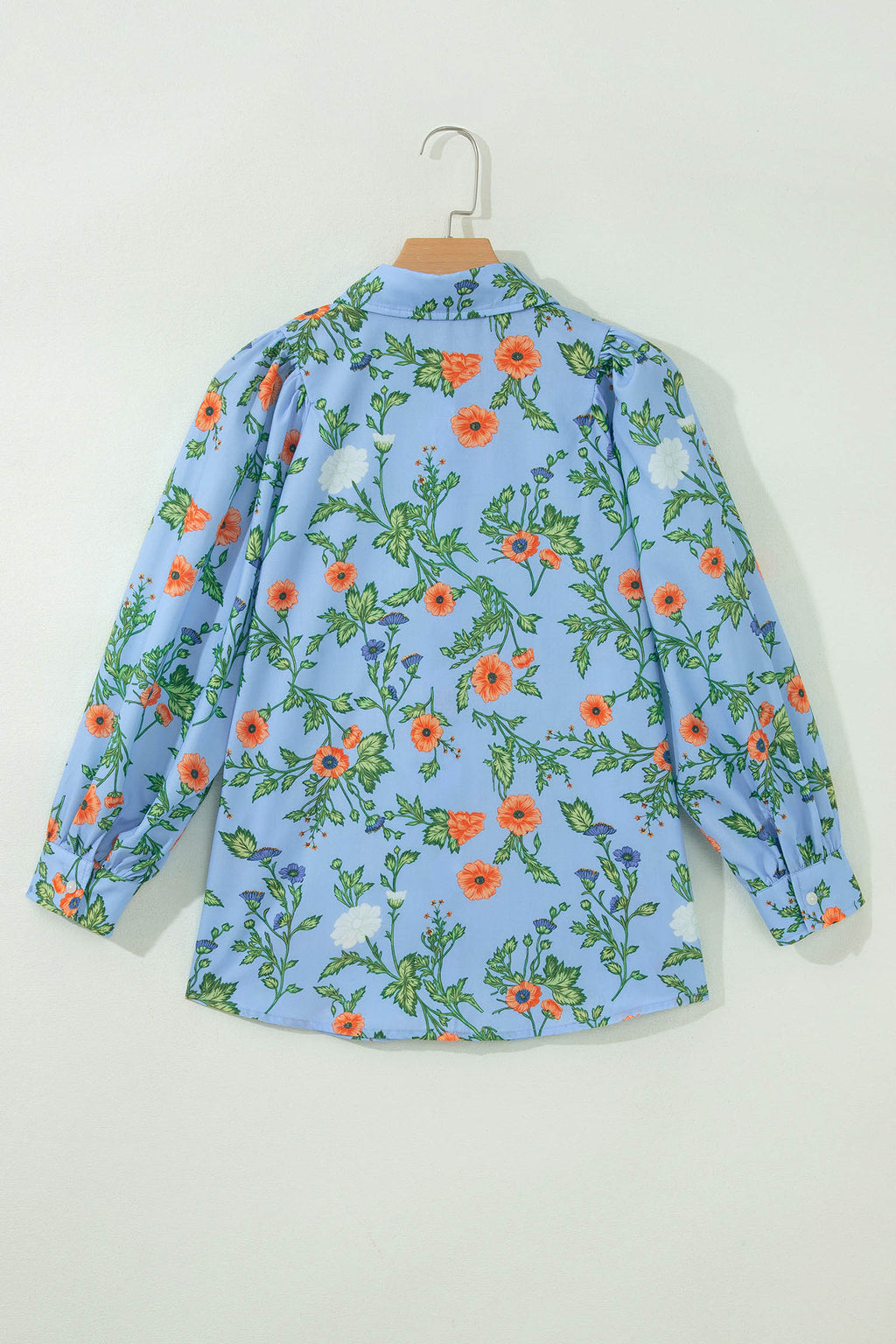 Sky Blue Floral Print Bracelet Sleeve Button Down Casual Shirt