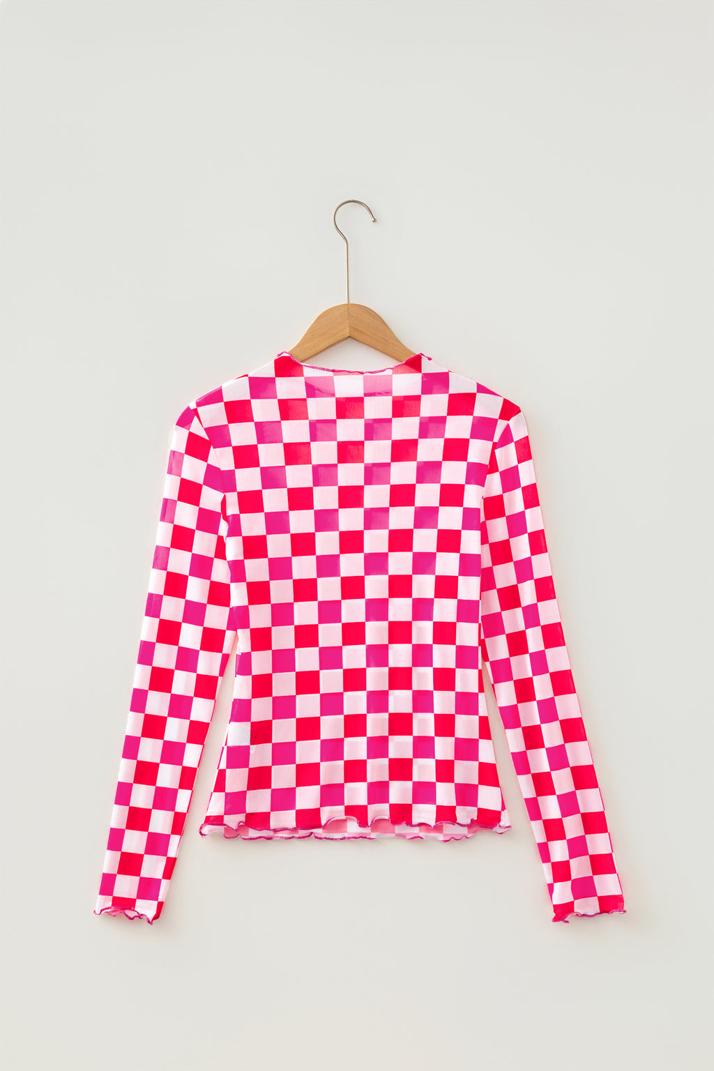 Rose Plaid Heart Mesh Sheer Long Sleeve High Neck Blouse