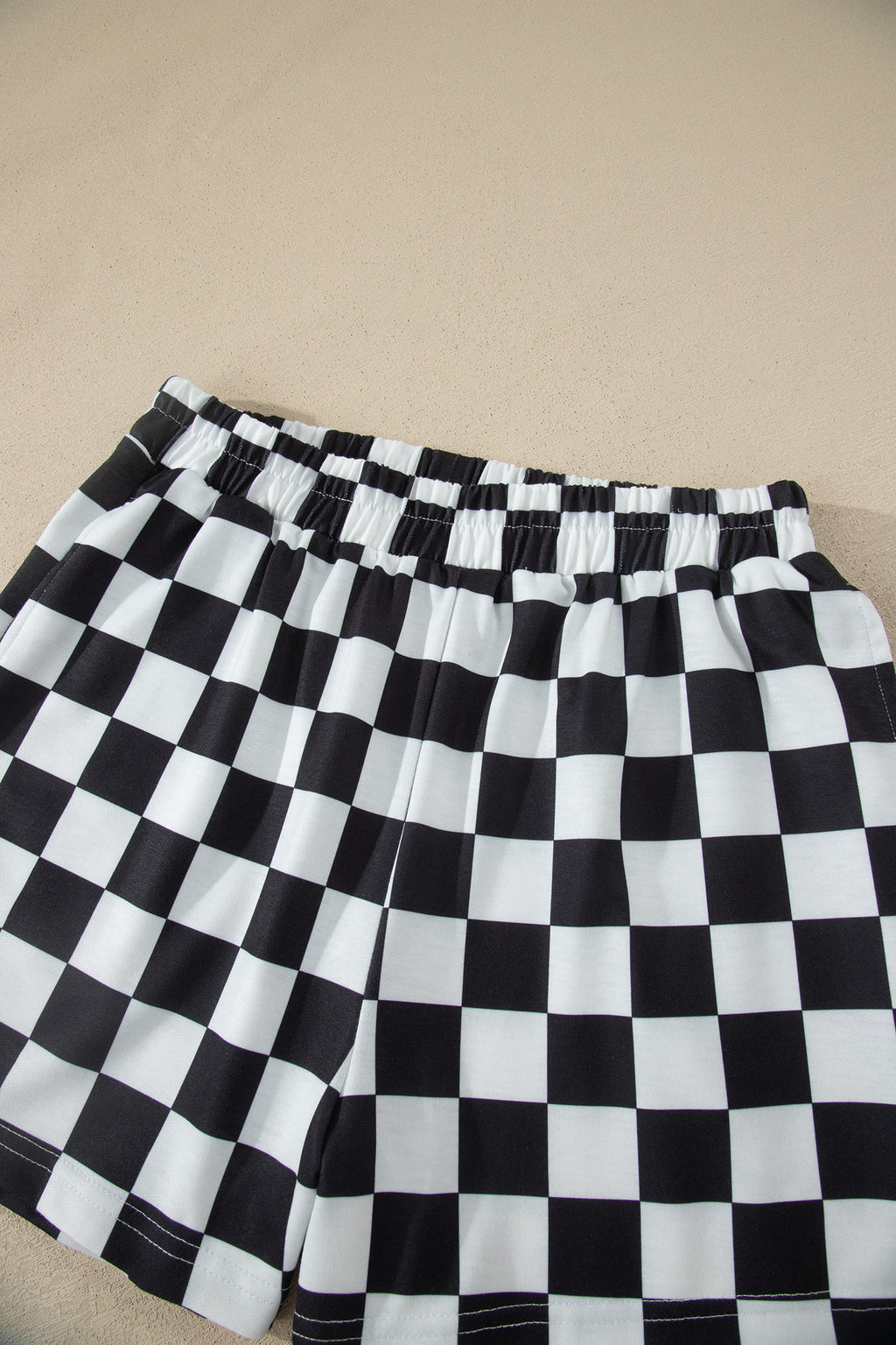 Black Checkered Print Color Block Trim Mock Neck Short Set