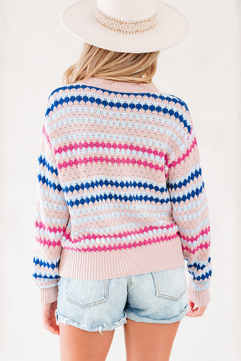 Brown Stripe Eyelet Patterned Drop Shoulder Sweater
