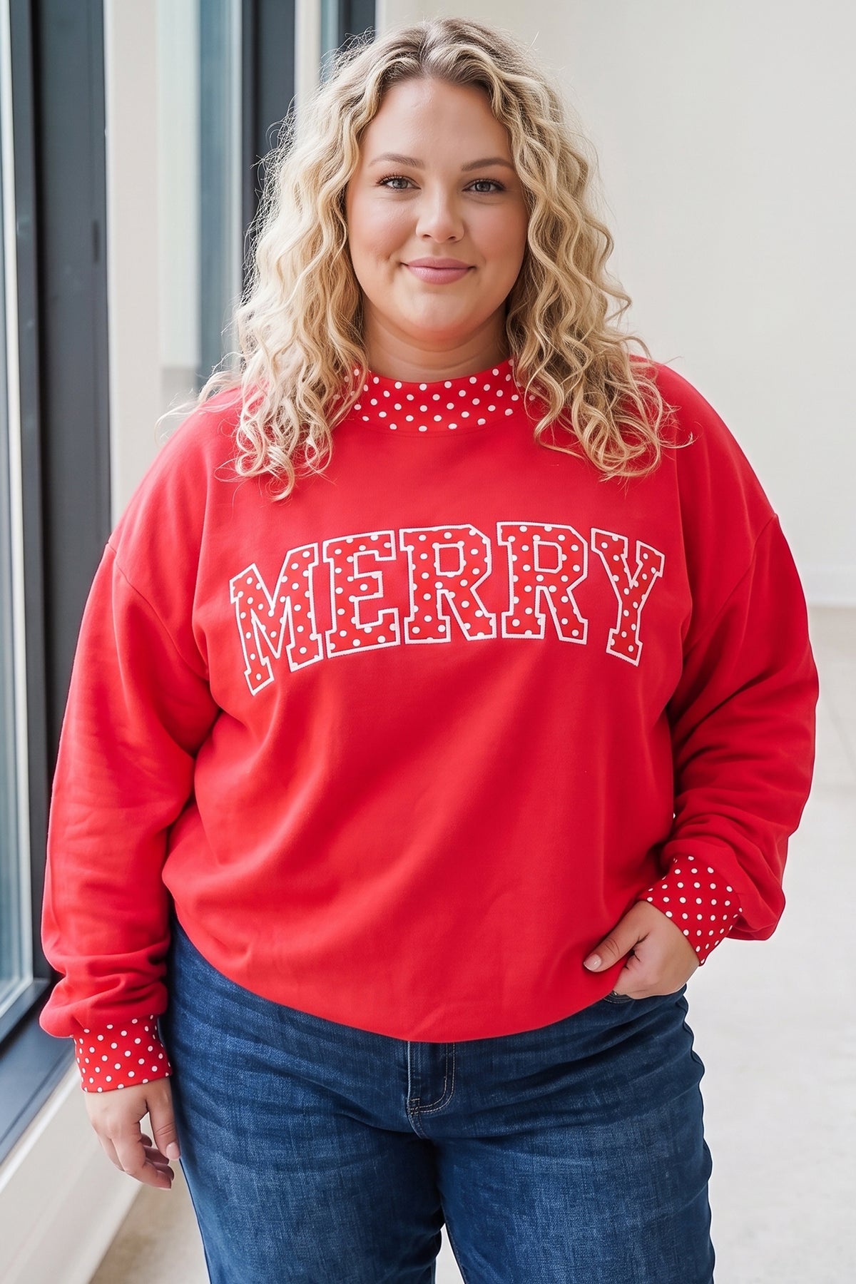 Tomato Red Casual Polka Dot Patchwork Letter Graphic Plus Size Sweatshirt