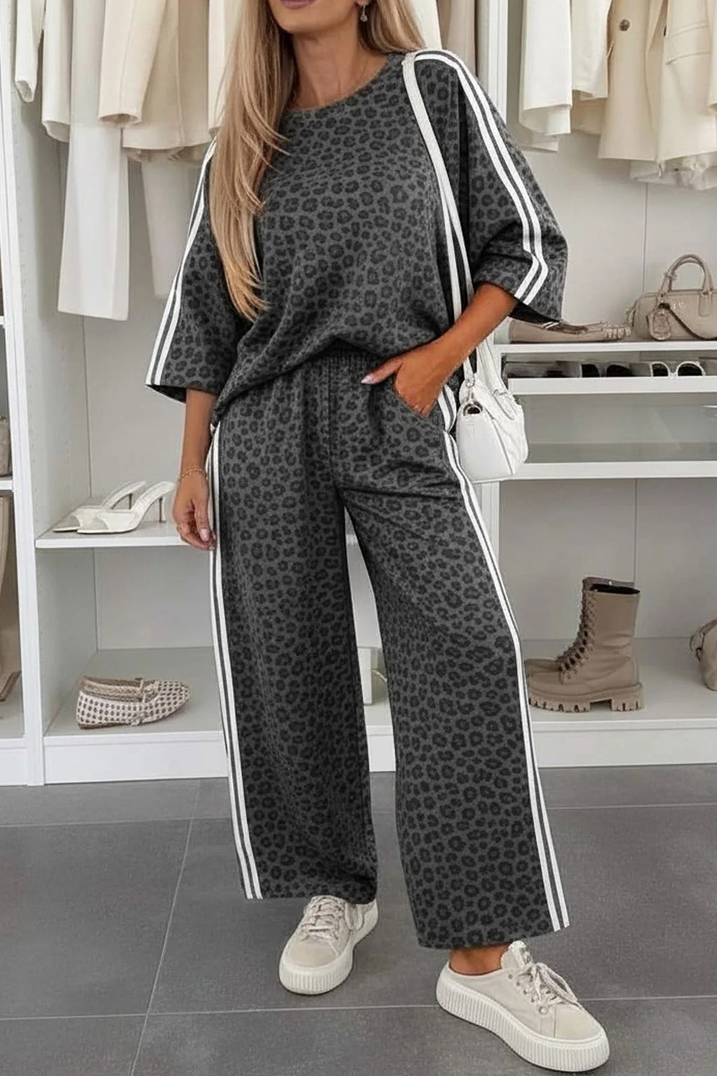 Apricot Leopard Print Varsity Striped Detail 3/4 Sleeve Top Shift Pant Set