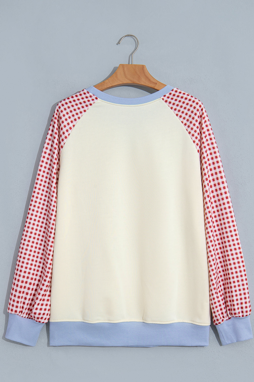 Light Blue Plaid Sleeve Colorblock Raglan Pullover Sweatshirt