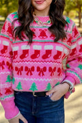 Pink Christmas Holiday Graphic Round Neck Knit Sweater
