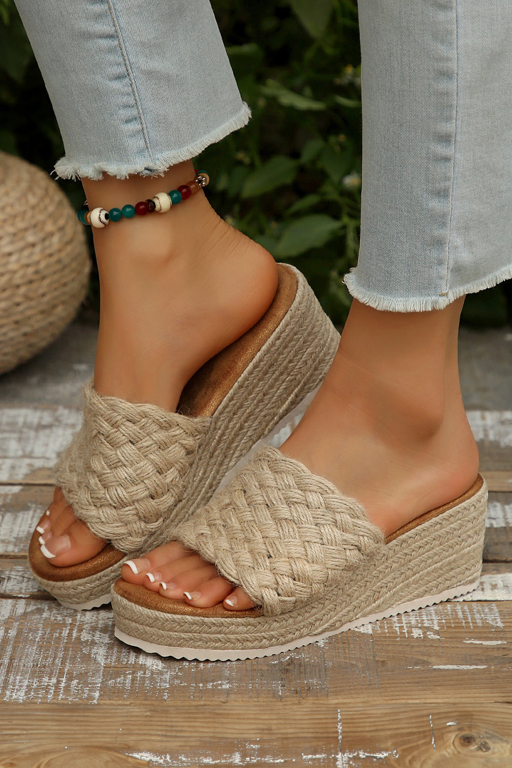 White Woven Wide Band Platform Slippers