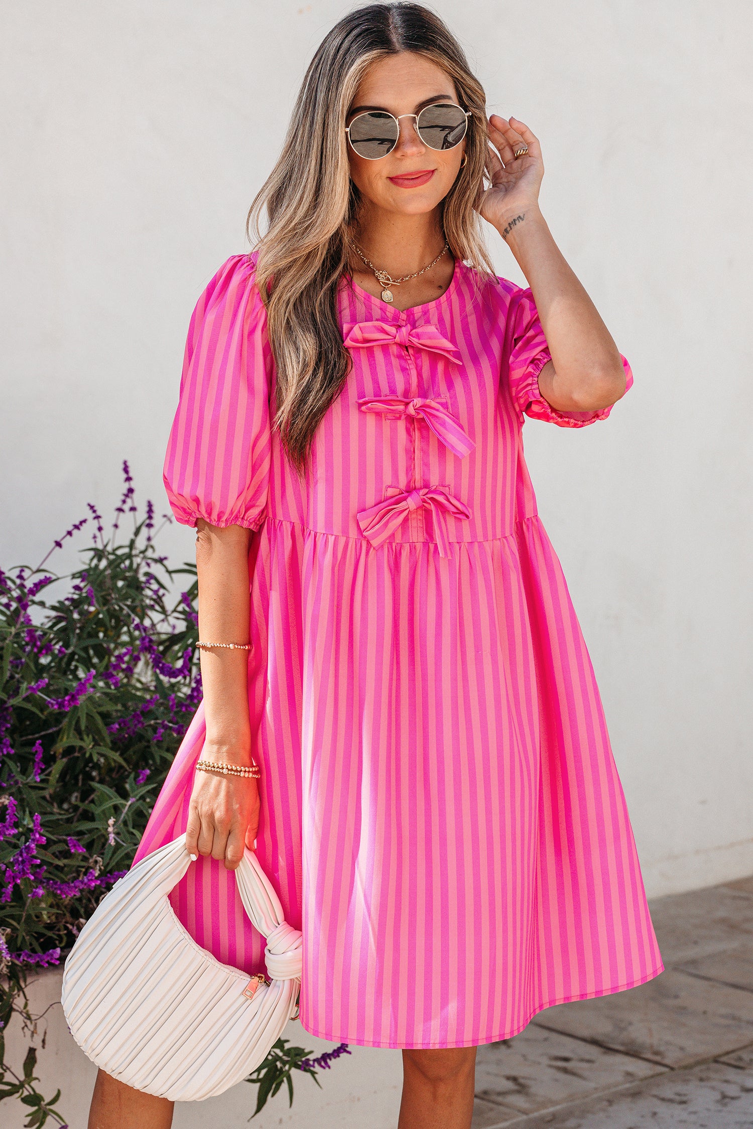 Rose Striped Print Bow Detail Short Puff Sleeve Mini Dress