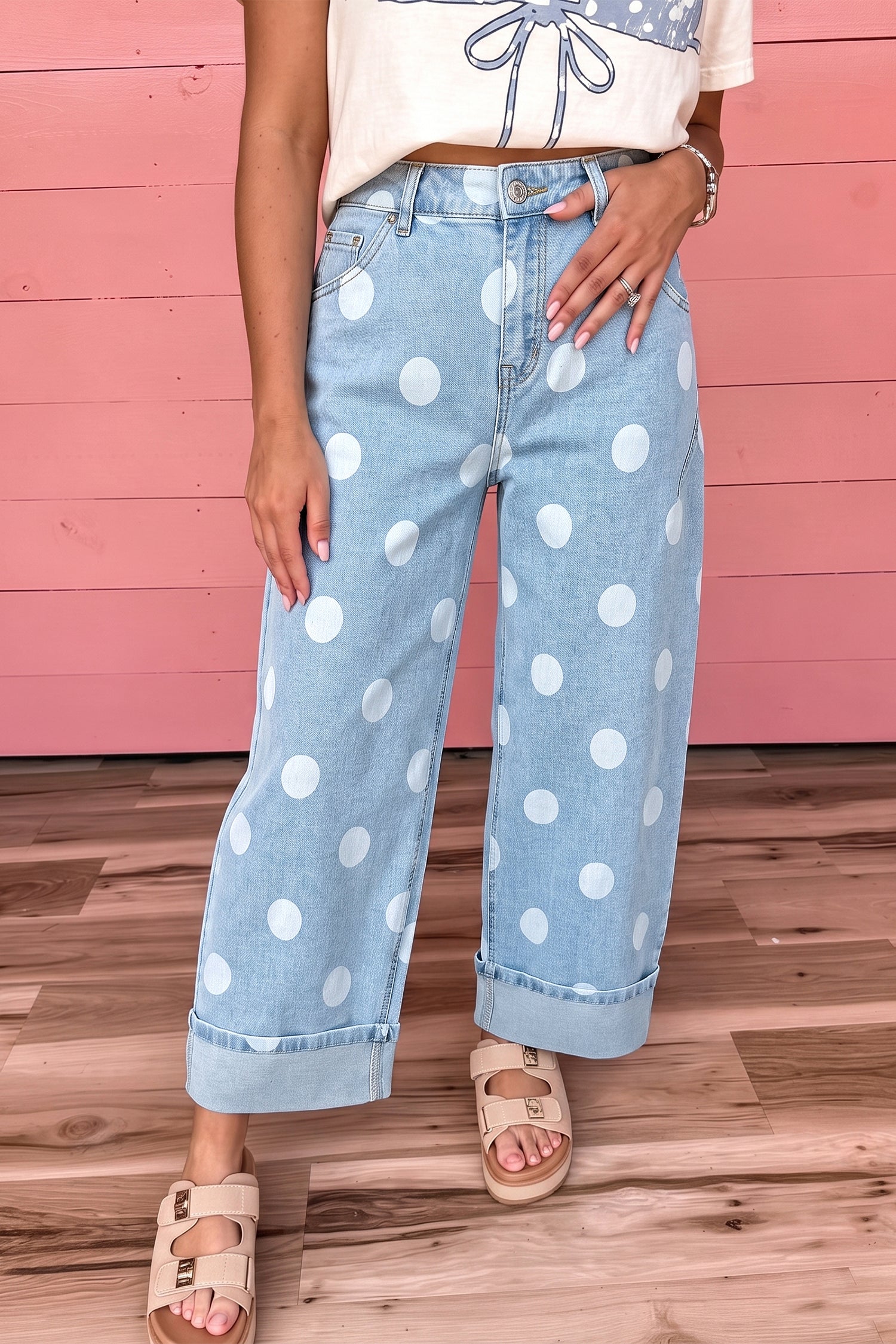 Sky Blue Polka Dot Ankle-Length Metal Button Casual Jeans