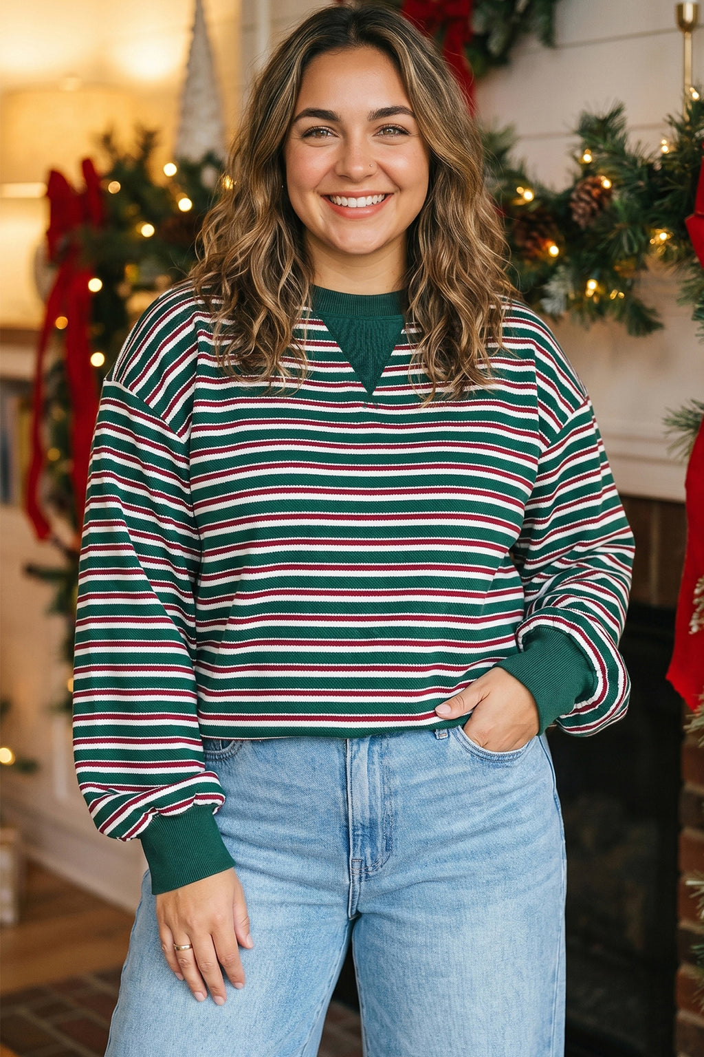 Green Stripe Striped Colorblock Round Neck Long Sleeve Shift Plus Size Sweatshirt