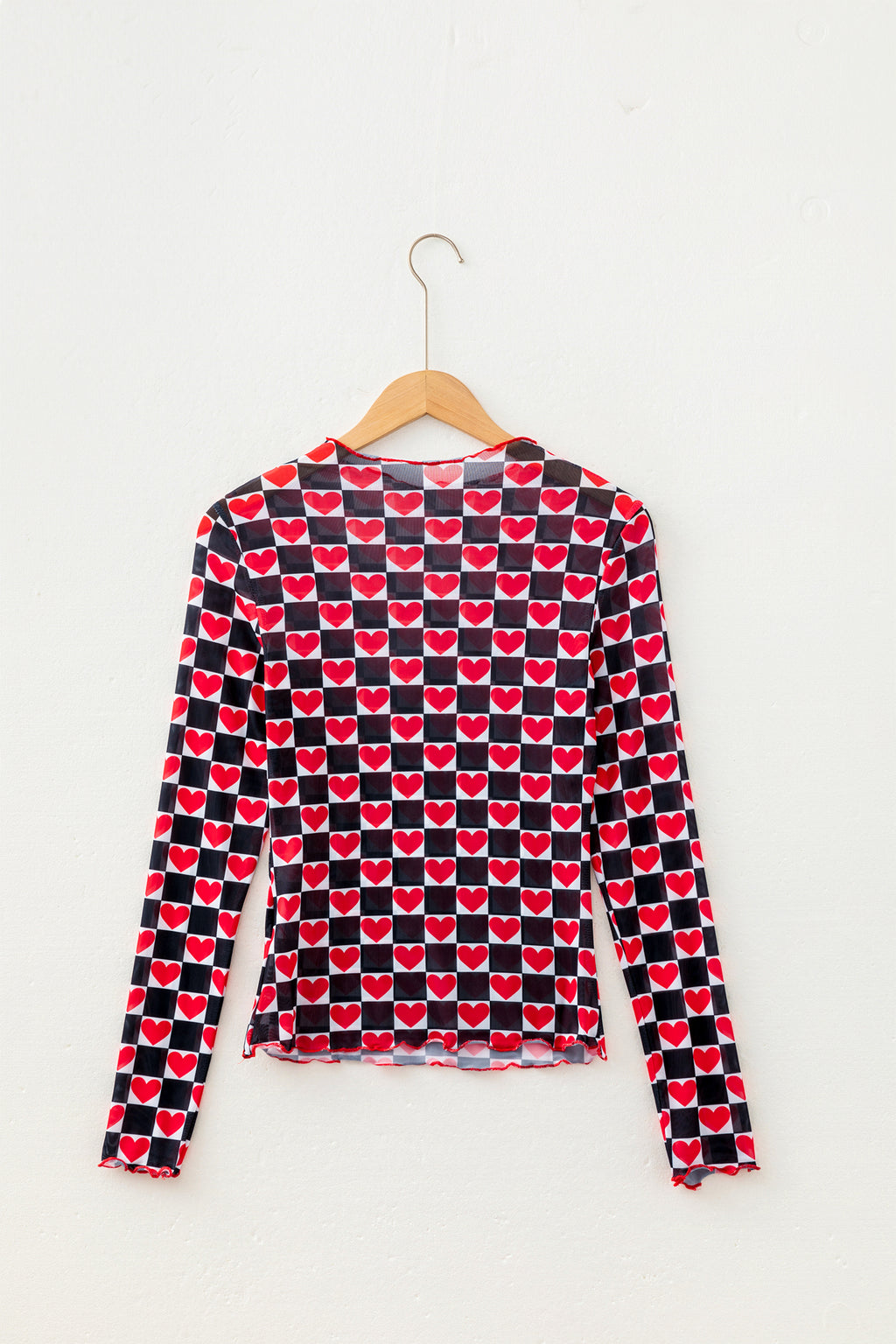 Rose Plaid Heart Mesh Sheer Long Sleeve High Neck Blouse