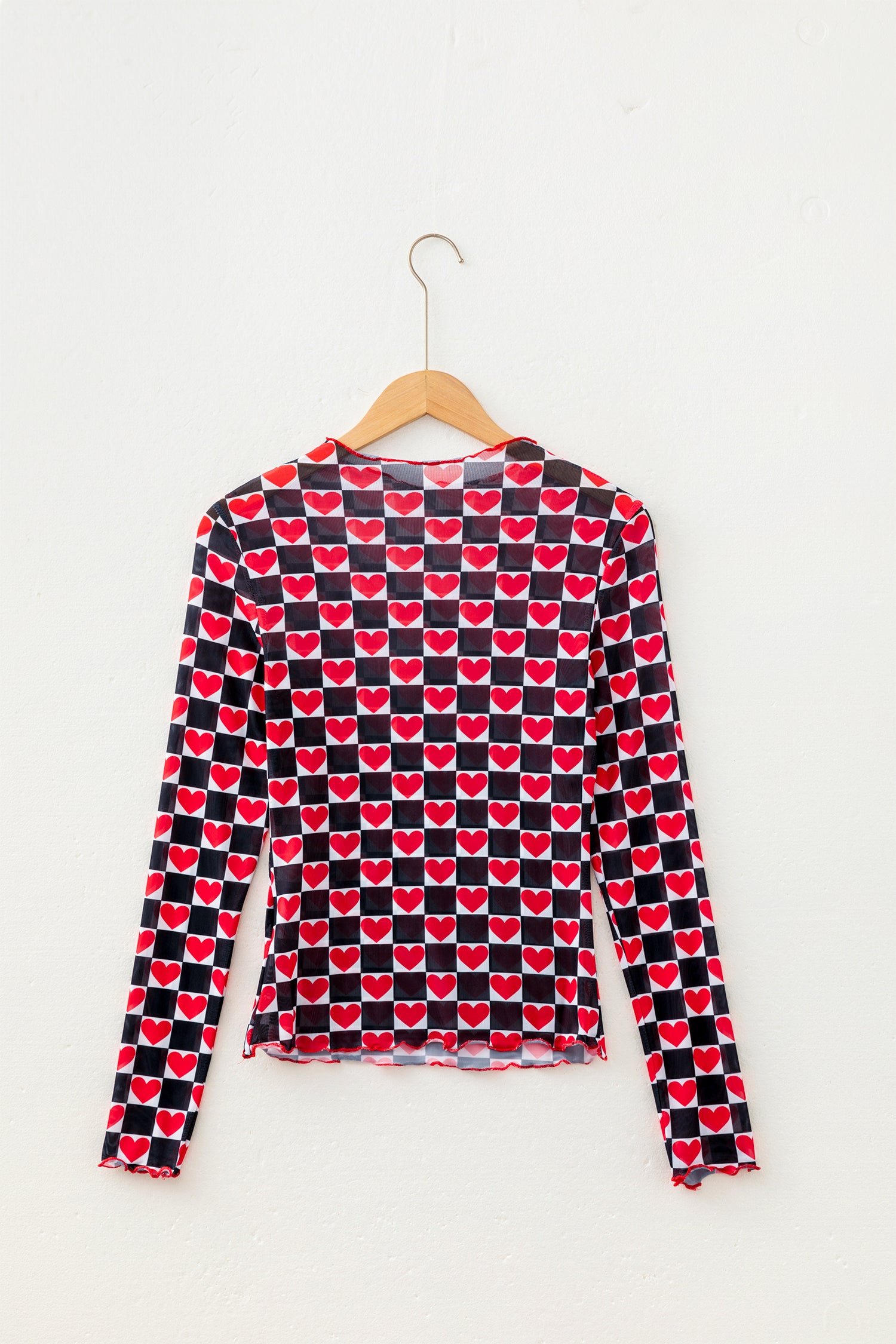 Rose Plaid Heart Mesh Sheer Long Sleeve High Neck Blouse