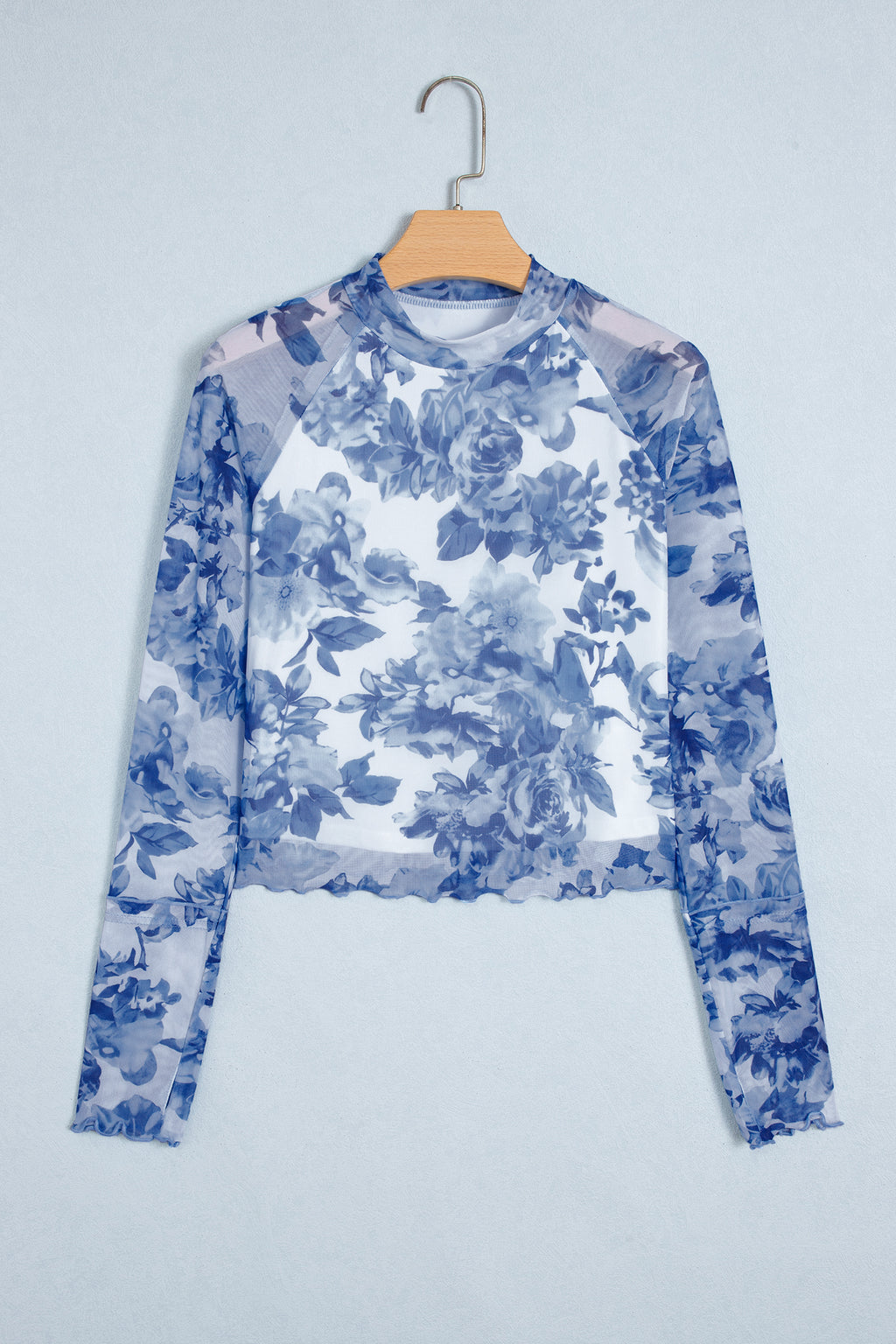 Sky Blue Floral Print Long Sleeve Stand Neck Mesh Top