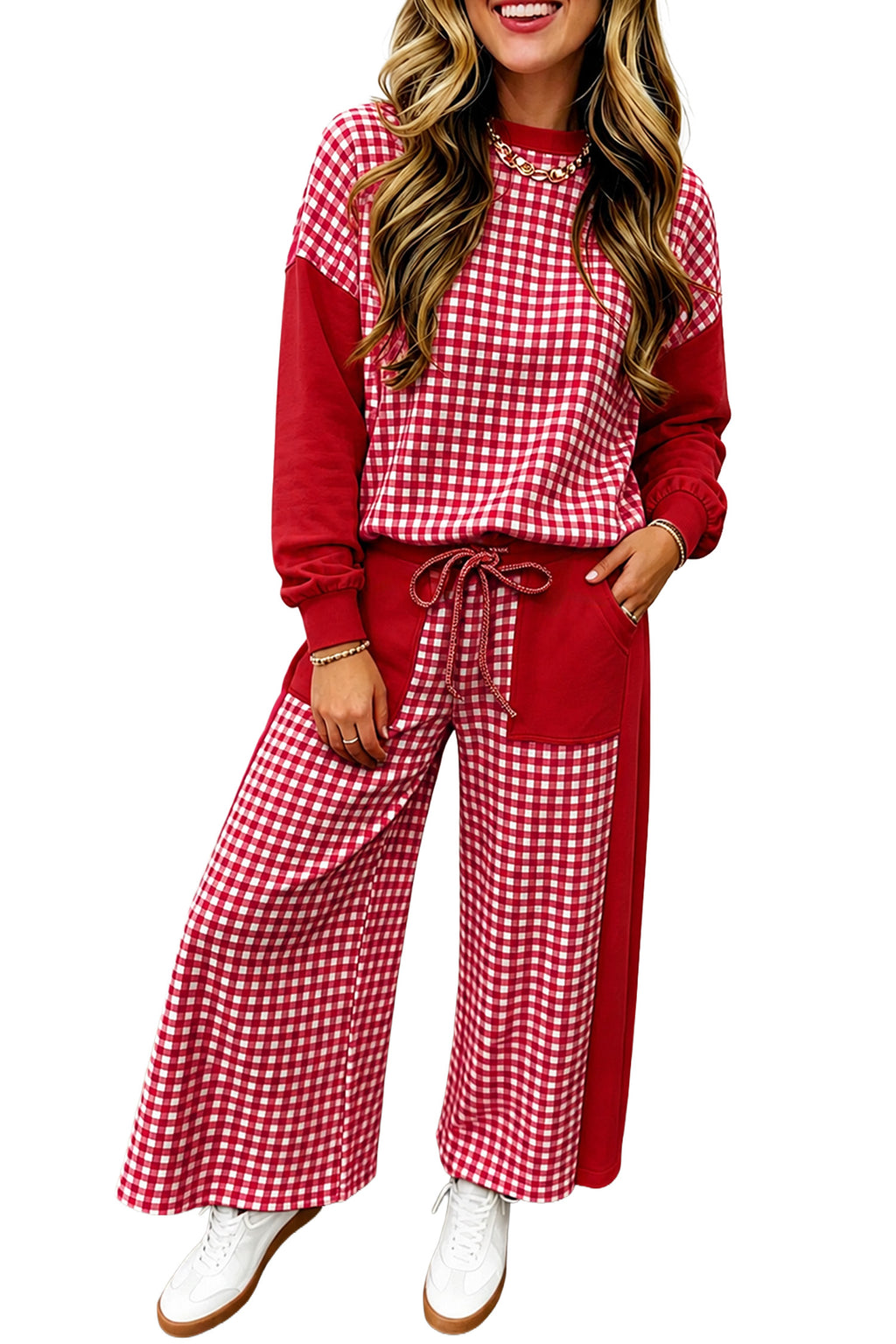Red Color Block Plaid Patchwork Long Sleeve Pullover Wide Leg Pant Set